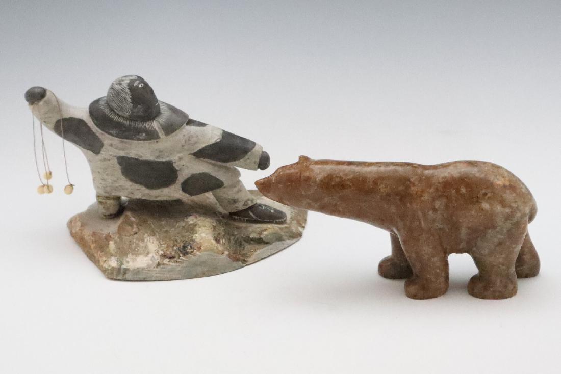 2 Inuit Carvings: Two Inuit Carved Stone Figures. Including 1 carved stone Polar Bear, with monogram at the underside, and 1 carved stone figure of a hunter, signed "Glenn Tingook". Minor wear to each. Up to 6" long. E