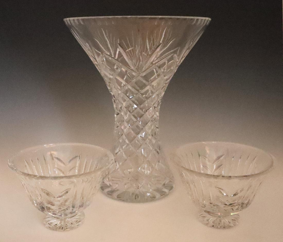 3pcs Crystal Tableware: Three Pieces of Crystal Tableware. Including 2 Waterford Dishes, with acid etched mark at the underside, and 1 large vase, unmarked. Minor wear, surface scratches to each. 4" and 11 3/4" high, respect