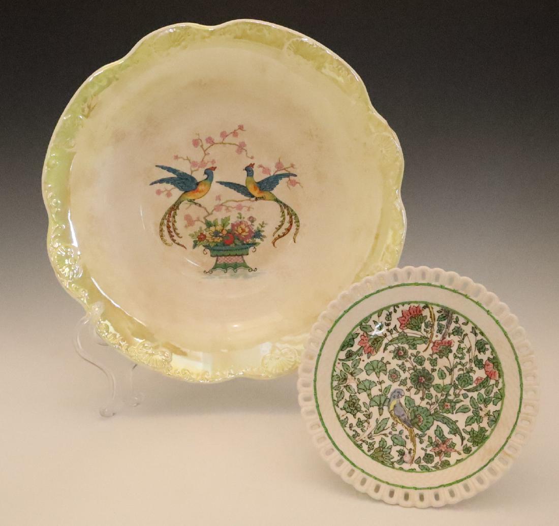 2 pcs Ironstone: Two Pieces of Ironstone. Including 1 Royal Doulton "Persian" pattern small compote and 1 Victorian Lusterware Bowl with a Chinese style transferware motif at the well featuring cherry blossoms and Pho