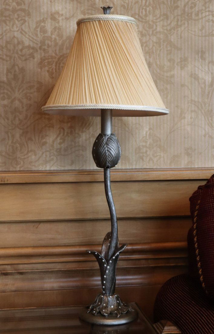 Contemporary Table Lamp: A Contemporary Table Lamp. With a decorated composition base. Light wear. 27" high overall. ESTIMATE $50-75