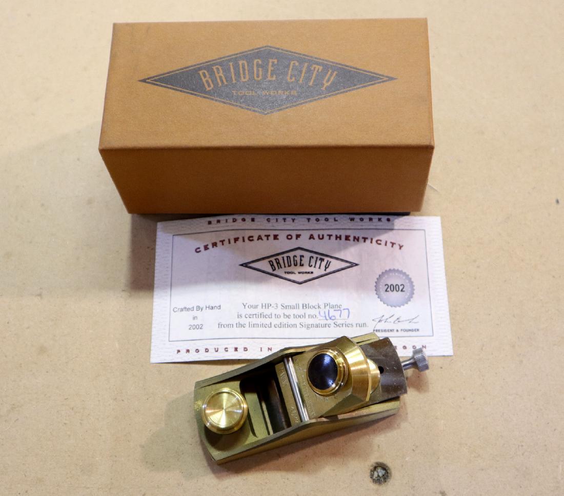 Bridge City Block Plane: A Bridge City Tool Works HP-3 small block plane. Includes paperwork and original box. Only slight wear. ESTIMATE $100-200