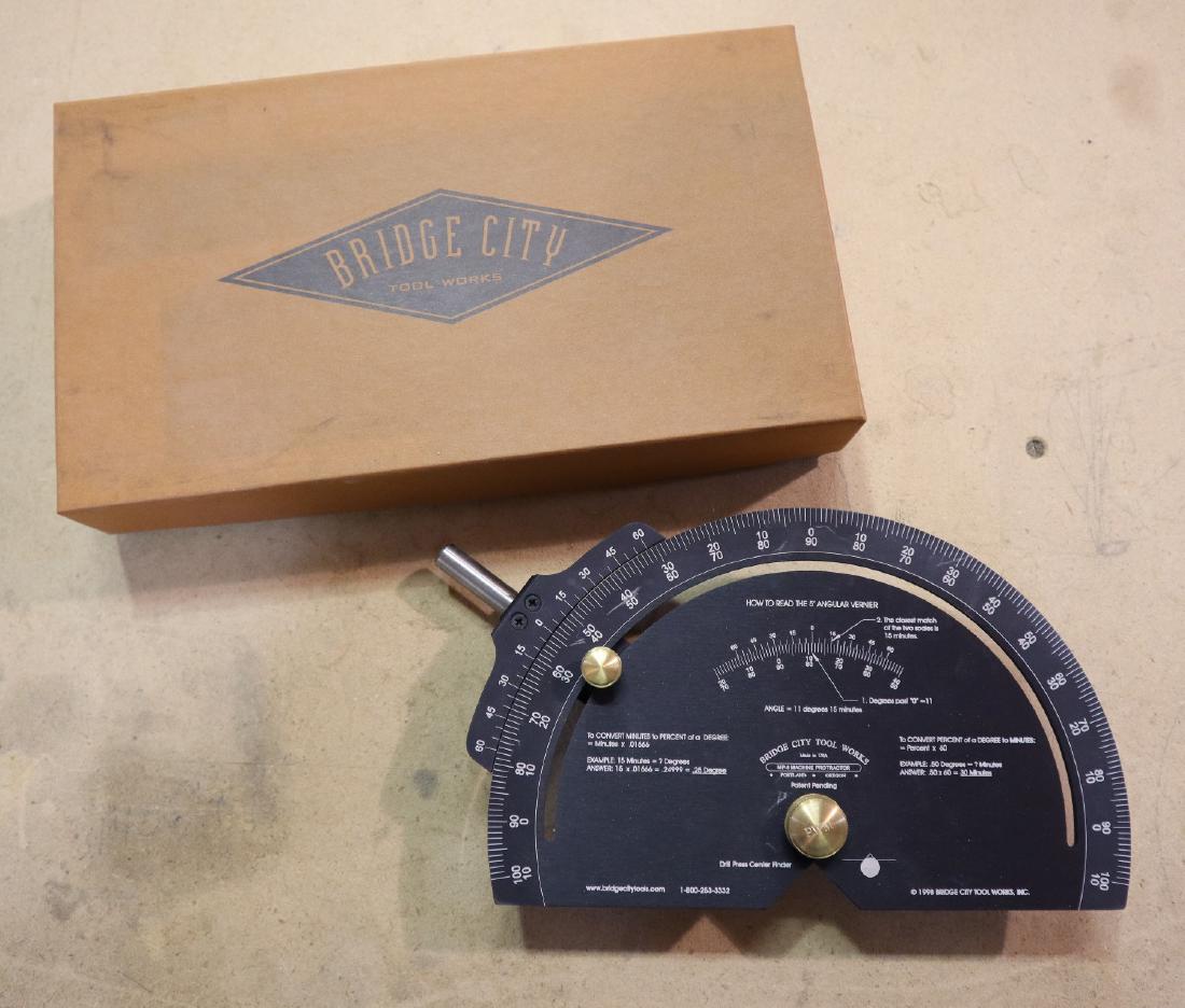 Bridge City Machine Protractor: A Bridge City Tool Works MP-8 machine protractor. Includes paperwork and original box. Only slight wear. ESTIMATE $50-100