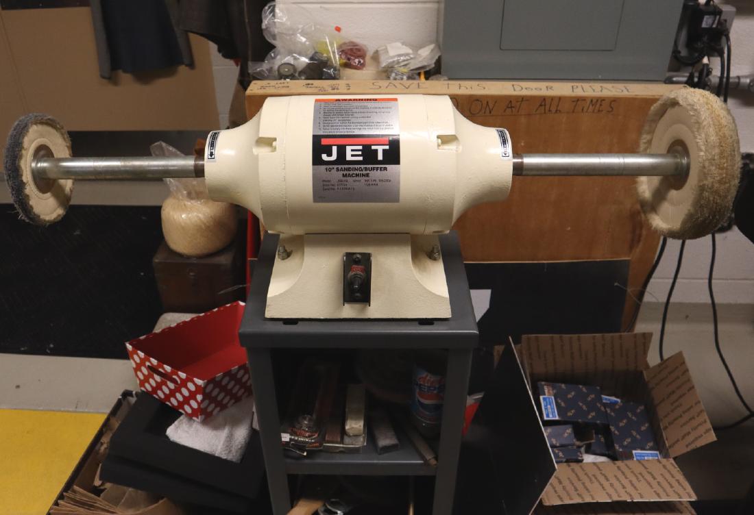 Jet 1 hp Buffer/Sander on Stand: A Jet JSB-10L buffer/sander on a steel stand. Includes extra buffing wheels and compound. Minor wear. ESTIMATE $100-200