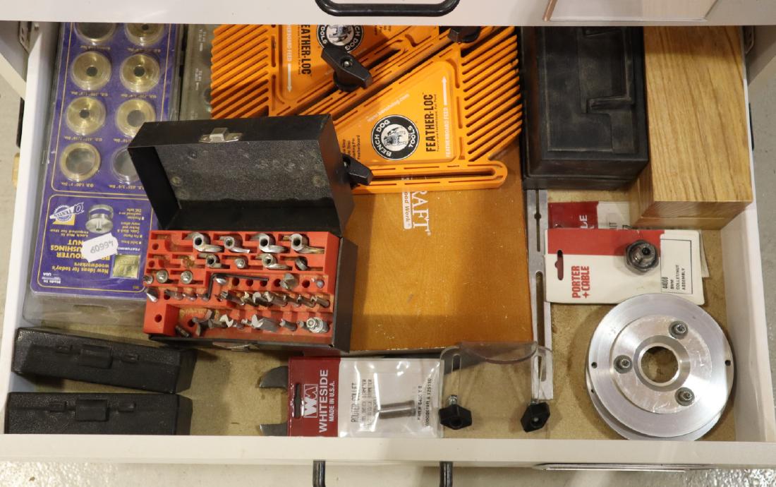 Router accessories: Lot of router table accessories, feather locs, collets, bits etc. Some wear. ESTIMATE $100-200