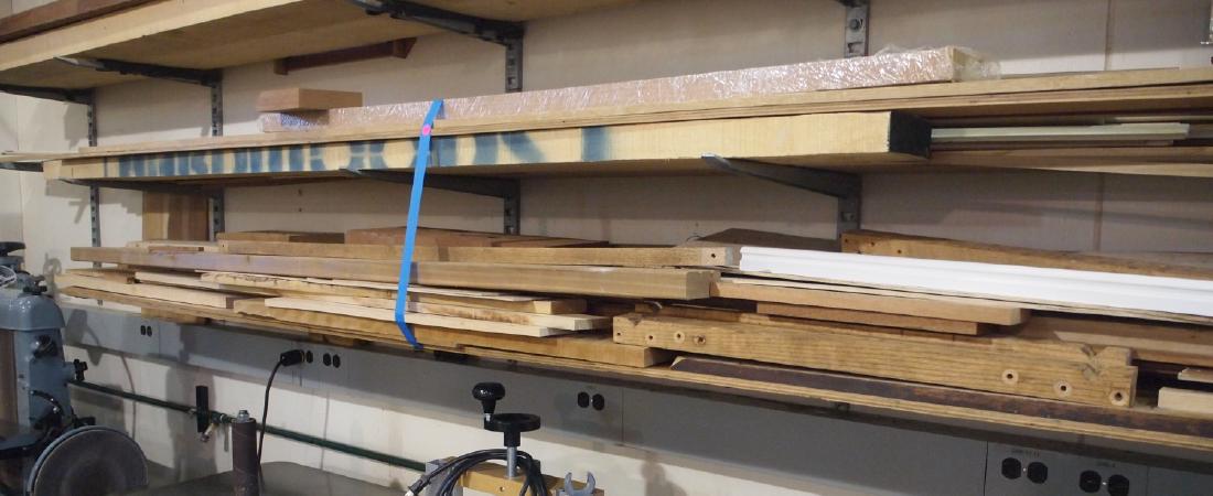 2 Shelf lots wood: Approximately thirty pieces of wood. Mixed hard and soft woods of various widths and thicknesses up to 12' long, some moldings and shorts. As found condition. ESTIMATE $40-60