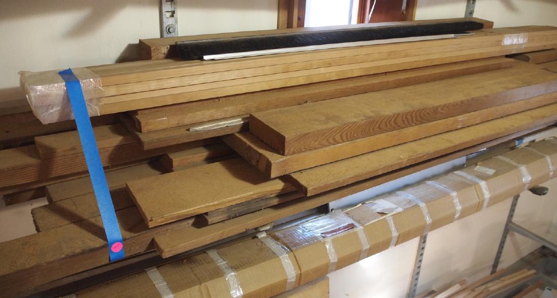 Shelf lot mixed wood: Approximately twenty pieces of mixed wood. Mixed hardwoods and softwoods, some dimensional lumber of various widths and thicknesses up to 12' long, some shorts. As found condition. ESTIMATE $40-60