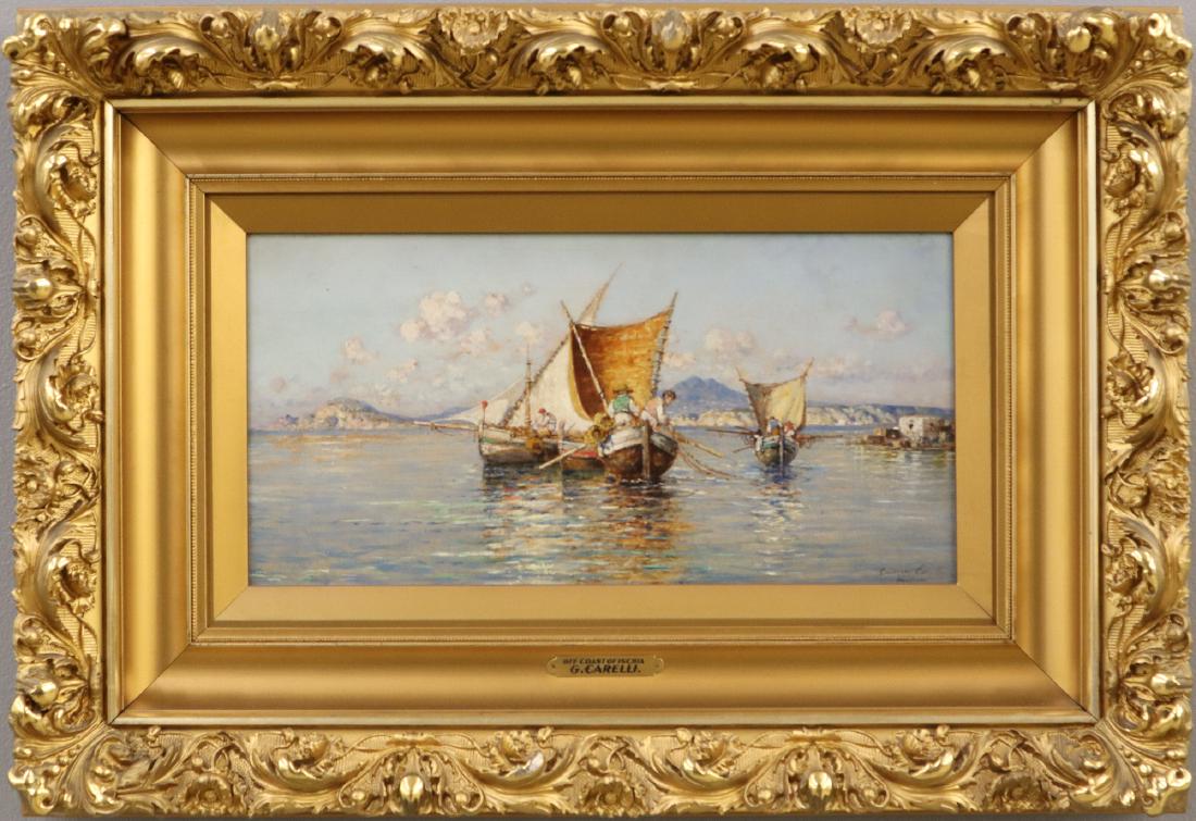 Giuseppe Carelli Oil on Wood Panel: Giuseppe Carelli, Italian, 1858-1921. Oil on beveled wood panel is entitled "Off Coast of Ischia", signed "Giuseppe Carelli Milano" at the lower right. Light wear to the image noted. Panel is 16 1/4" 
