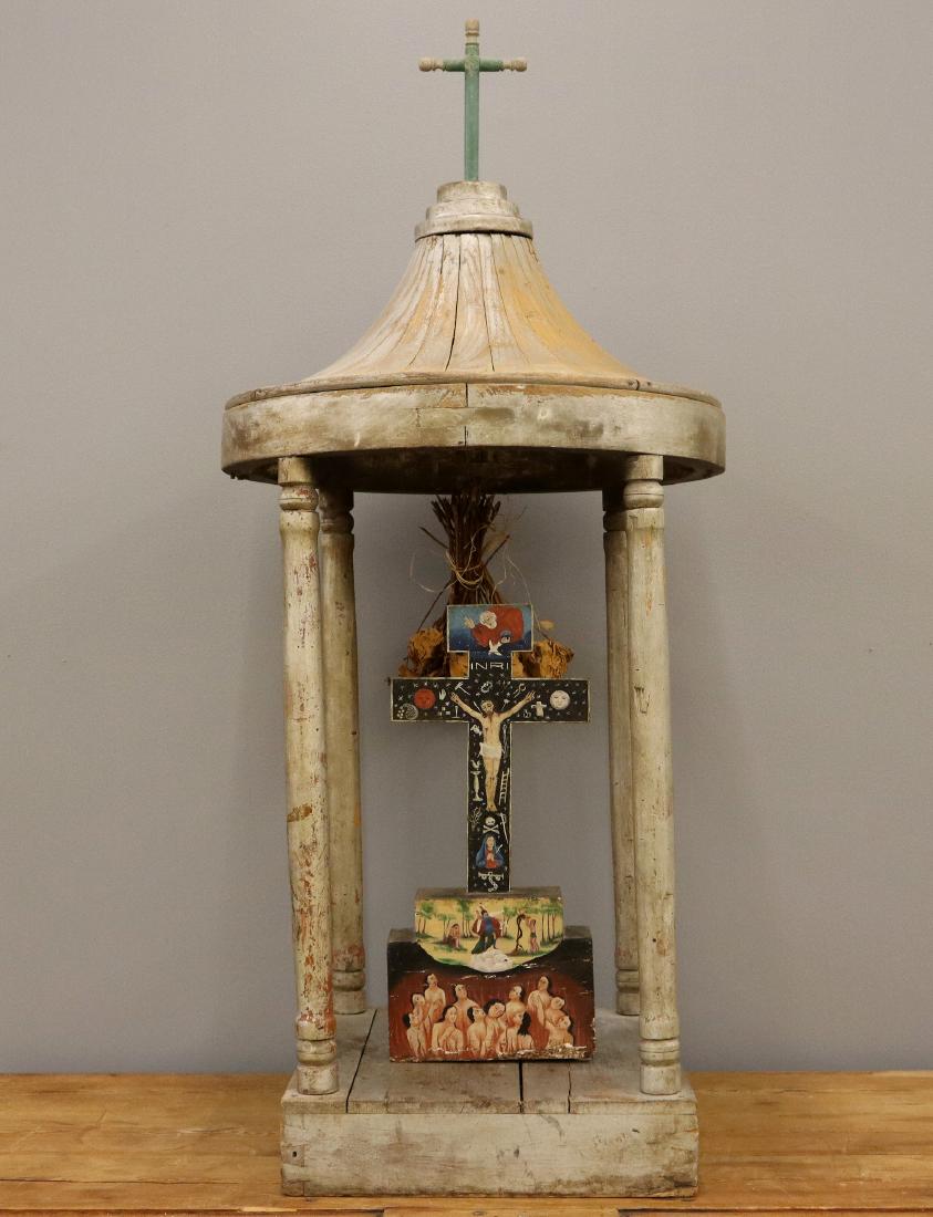 Mexican Altar and Crucifix: A 19th century Mexican Altar & "La Cruz de Las Animas" (Cross of Souls). Pine Altar with segmented circular top beneath a wooden cross supported by four turned columns on a square dovetailed base in w