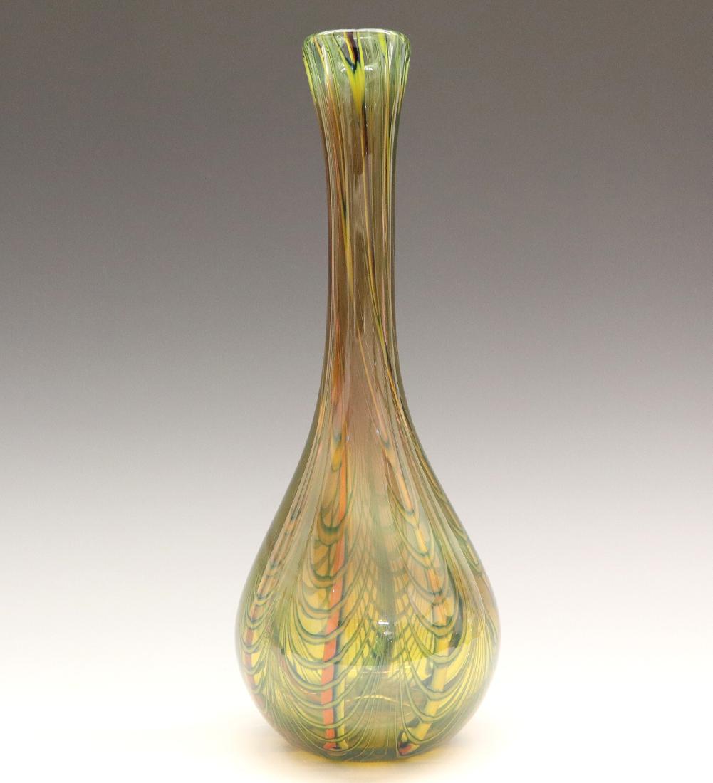 Dominick Labino Art Glass Vase: A Dominick Labino Art Glass Vase. Having a yellow/green hue with pulled design in orange, black, and yellow. Signed and dated "Labino 8-1971". Light wear overall. 12" high. ESTIMATE $100-200