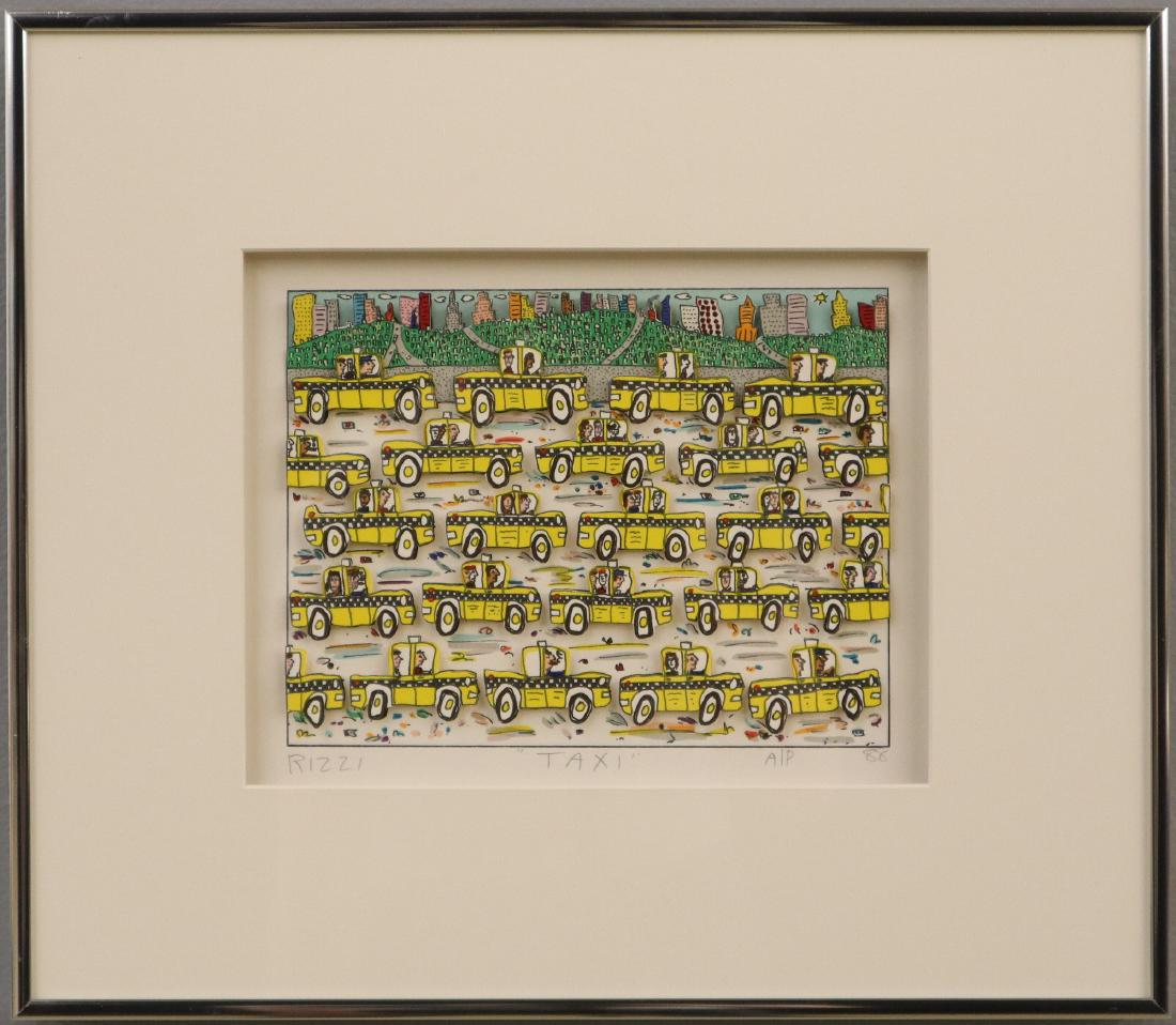 James Rizzi 3-D Color Lithograph: James Rizzi, American, 1950-2011. Three dimensional color lithograph, artist's proof, entitled "Taxi". "Rizzi Taxi A/P 88" is in pencil below the image. Matted, under glass, and within a metal frame.
