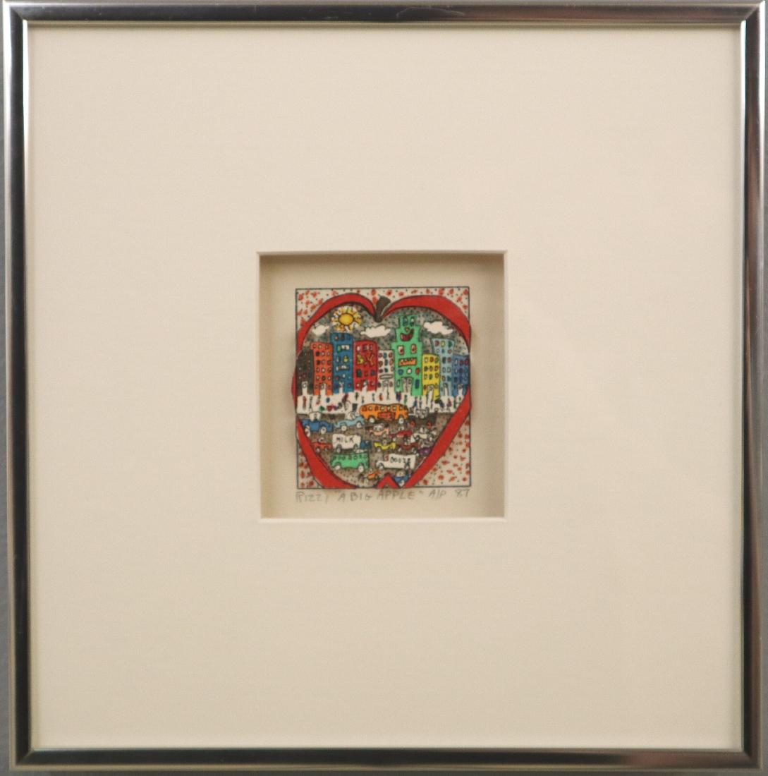 James Rizzi 3-D Color Lithograph: James Rizzi, American, 1950-2011. Three dimensional color lithograph, artist's proof, entitled "A Big Apple". "Rizzi A Big Apple A/P 87" is in pencil below the image. Matted, under glass, and within a