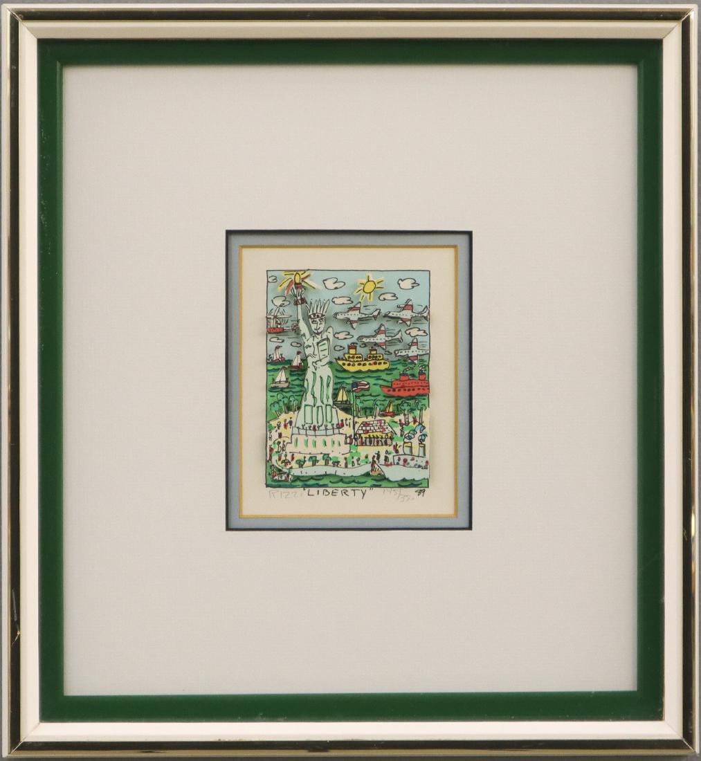 After James Rizzi 3-D Color Lithograph: After James Rizzi, American, 1950-2011. Three-dimensional color lithograph entitled "Liberty"; signed "Rizzi" in pencil at the lower left and numbered "145/350" in pencil at the lower right. Matted, u
