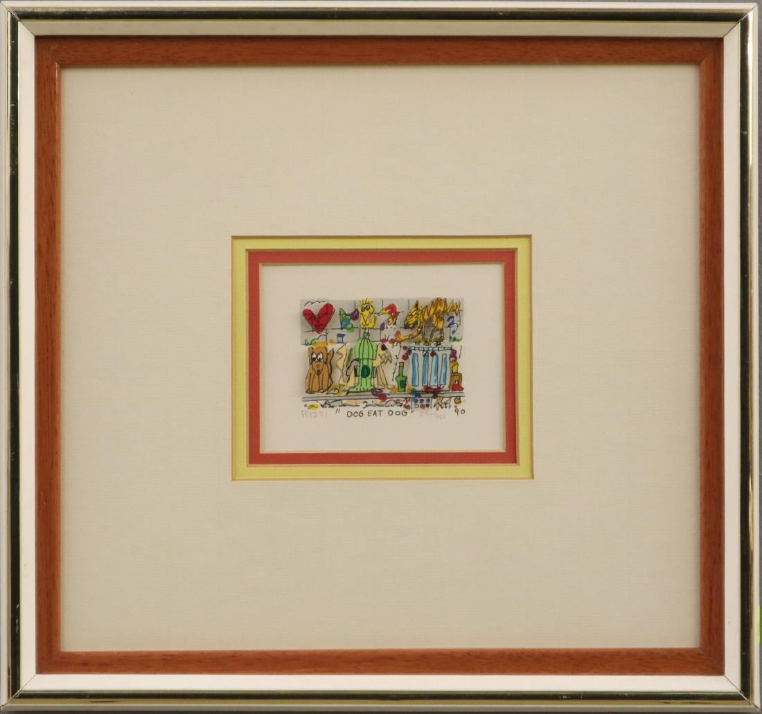 After James Rizzi 3-D Color Lithograph: After James Rizzi, American, 1950-2011. Three-dimensional color lithograph entitled "Dog Eat Dog"; signed "Rizzi" in pencil at the lower left and numbered "250/350" in pencil at the lower right. Matte