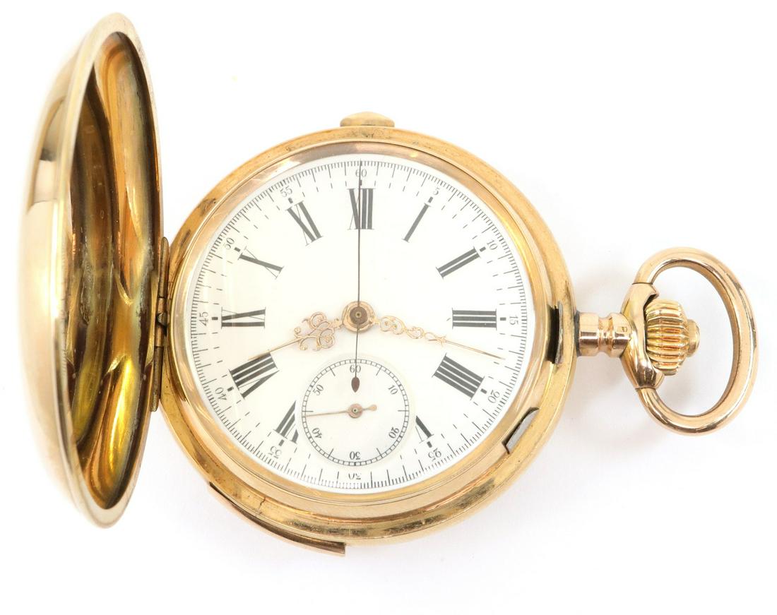 Audemars 14k Gold Quarter Repeater/Chronograph: A Louis Audemars, Geneve, 14k Gold pocket watch with quarter hour repeat and chronograph. 52mm, SW, LS, triple bridge movement under a glazed cuvette, 14k Yellow Gold HC, SSD w/Roman numerals and fanc