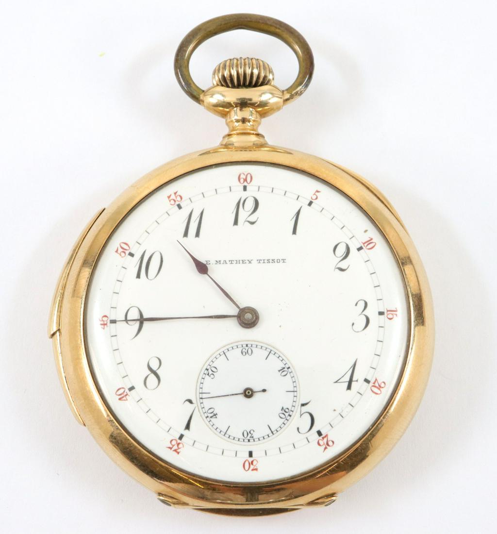 E. Mathey 14k Gold Minute Repeater: Edmund Mathey, Tissot 14k Gold pocket watch with minute repeat, originally retailed by Henry J. Howe, Syracuse, N.Y. 50mm, SW, LS, high quality triple bridge movement jeweled through the hammers, 14k