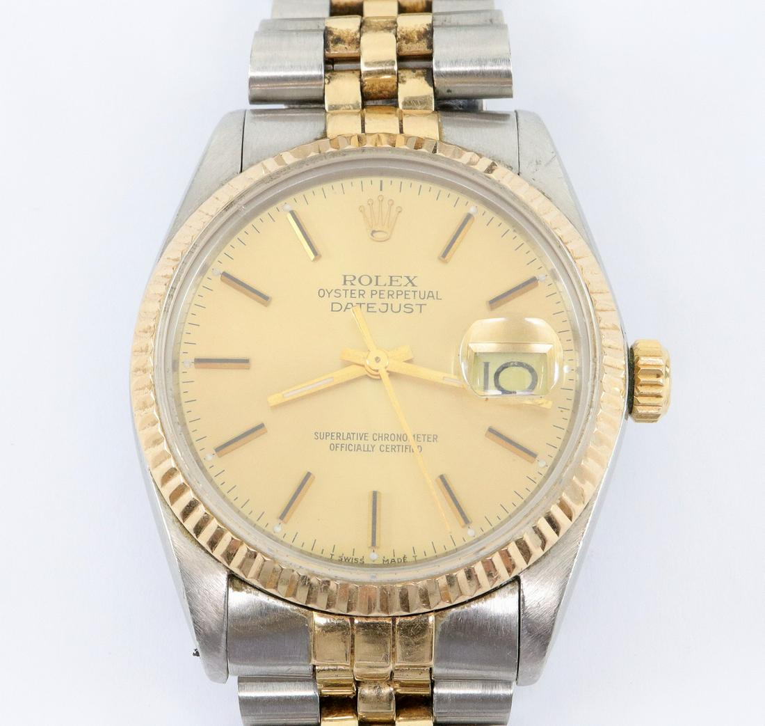 Rolex 16233 Oyster Perpetual Datejust wristwatch: A late 1980's vintage Rolex model 16233 Gentleman's Oyster Perpetual Datejust wristwatch. 36mm case in Stainless Steel with Yellow Gold accents, automatic winding with a Champagne dial and gold baton 
