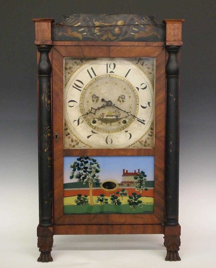 S. Stow Column & Splat shelf clock: A 19th century Solomon Stow (Eli Terry Patent) Column & Splat shelf clock. 30-hr wooden time and strike movement. Mahogany case with stenciled columns and splat, single door with reverse painted lower