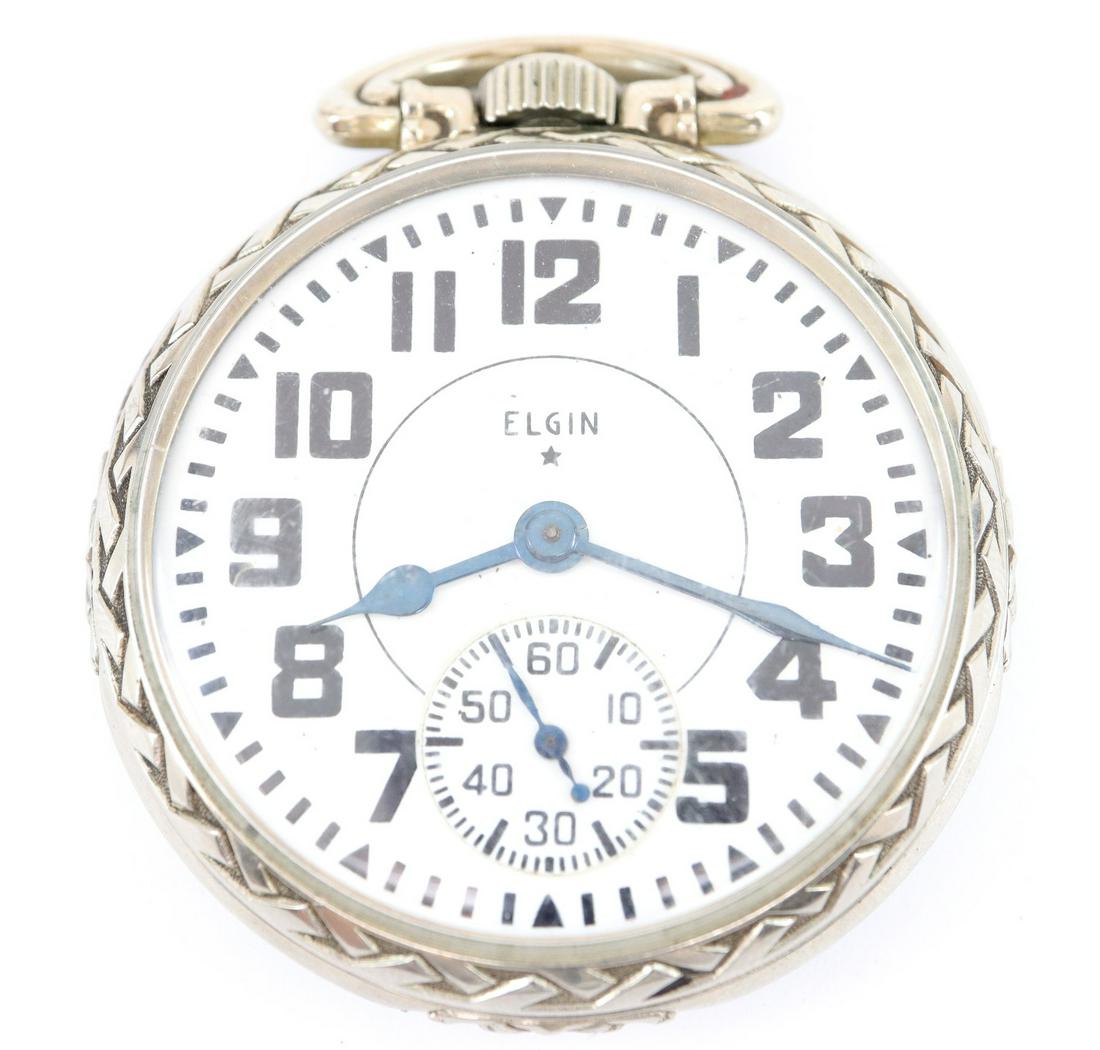Elgin "B. W. Raymond" Railroad watch: Elgin "B. W. Raymond" Railroad watch. 16 size, 21 j, Adj 5 pos, DR, DMK, GJS, SW, LS, Keystone 14k White GF, OF, SSD w/Arabic numerals. Serial #27702789. Minor case wear, winds, sets and running when 