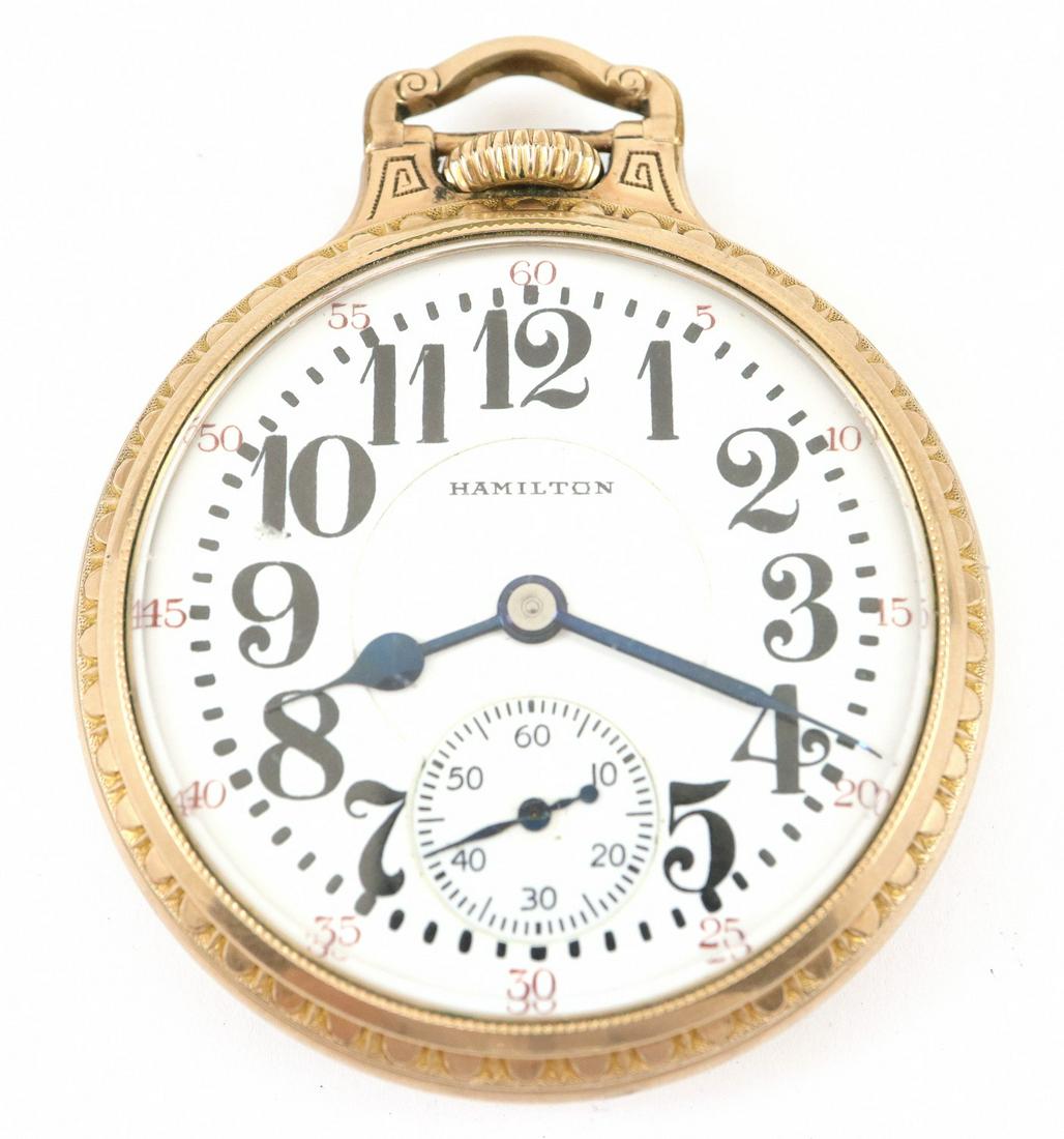 Hamilton 992 Railroad watch: Hamilton Model 992 Railroad watch. 16 size, 21 j, Adj 5 pos, DR, DMK, GJS, SW, LS, Wadsworth GF, OF, BOC, DSD Montgomery w/Arabic numerals. Serial #2529506. Minor case wear, winds, sets and running wh