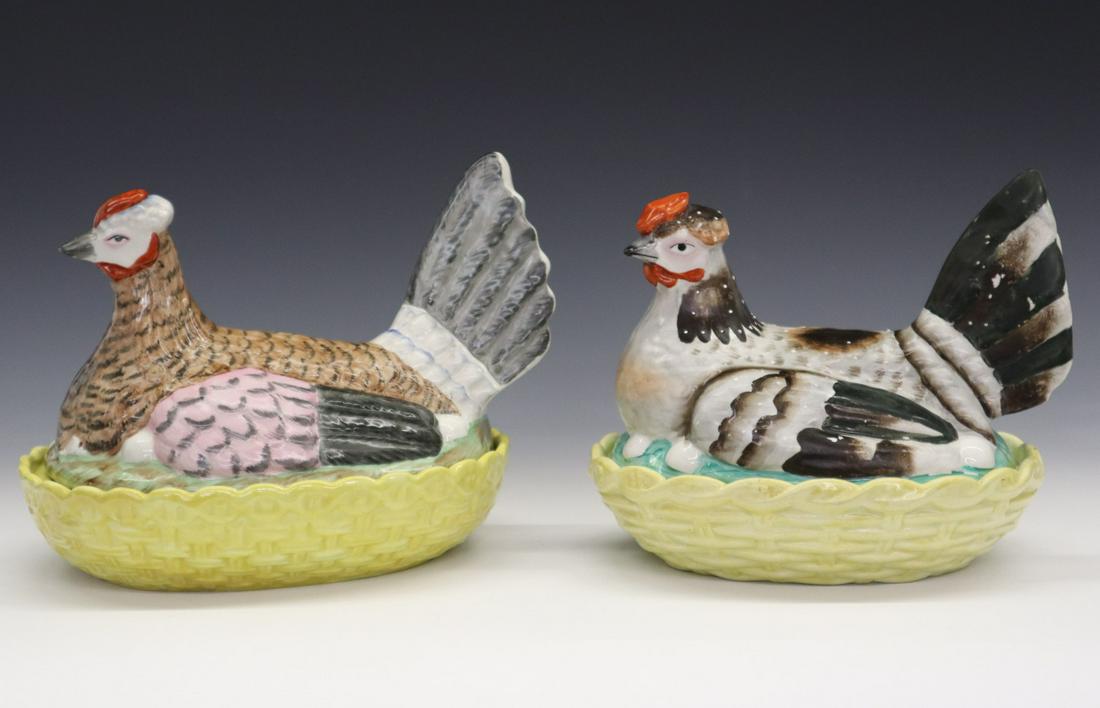 2 "Hen on Nest" Covered Dishes: Two "Hen on Nest" Covered Dishes. Both polychrome ceramic, resting on yellow nests. Wear, one with and some flaking and crazing. Up to 10 x 8" high. ESTIMATE $50-100