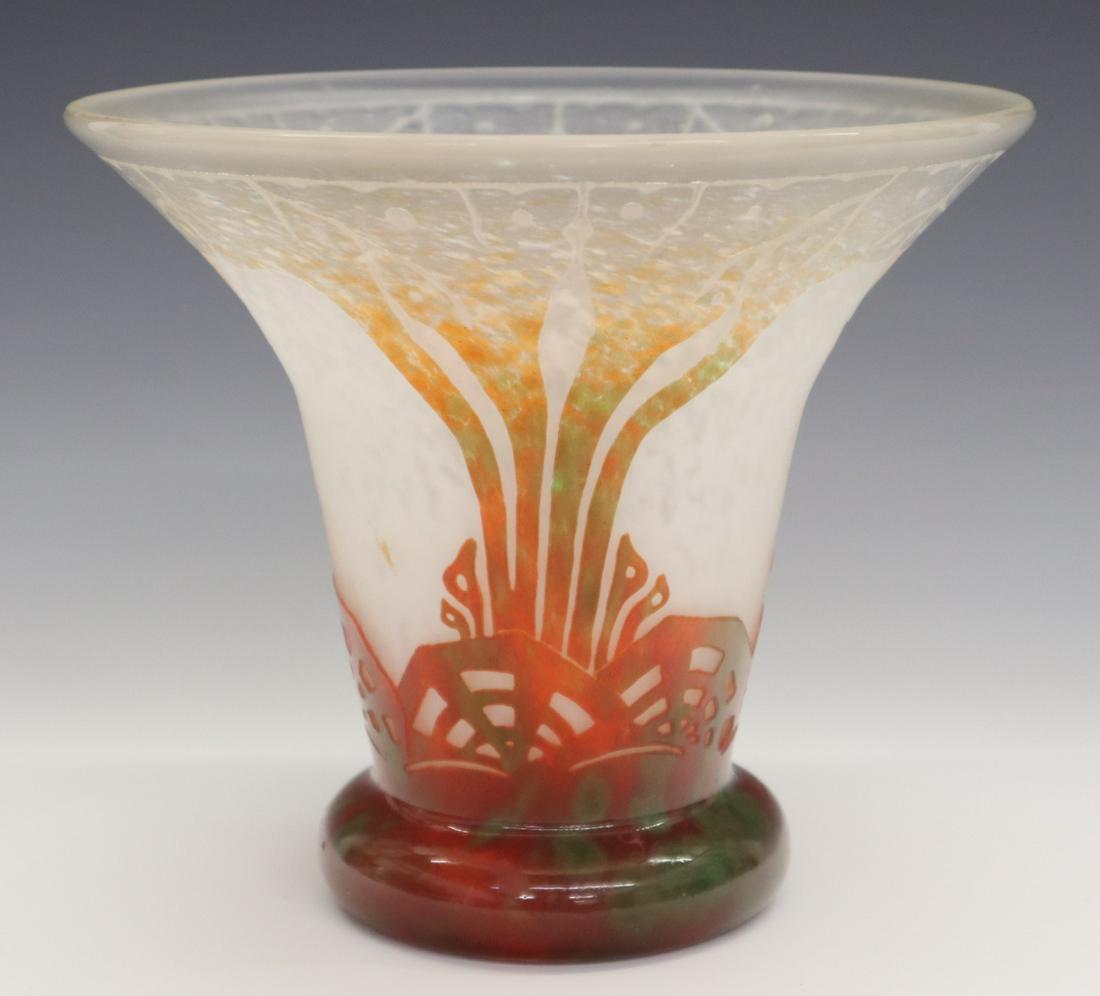 Schneider/Le Verre Francais Vase: An Art Deco Period Charles Schneider (Le Verre Francais) Glass Vase. Etched and cameo glass vase with a flared lip, tapered body, and round foot is comprised of white flecked clear and frosted glass w