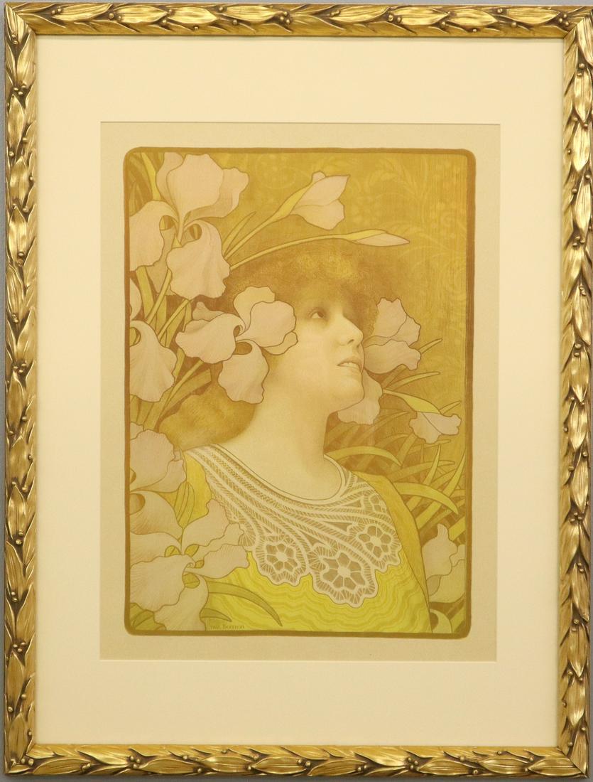 P. E. Berthon lithograph: Paul Emile Berthon, French 1872-1909. Art Nouveau lithograph in colors entitled "Sarah Bernhard" 1901 by Bougerie & Co. Paris. Very slight toning, not examined out of the frame. Image 16 1/4 x 22", in