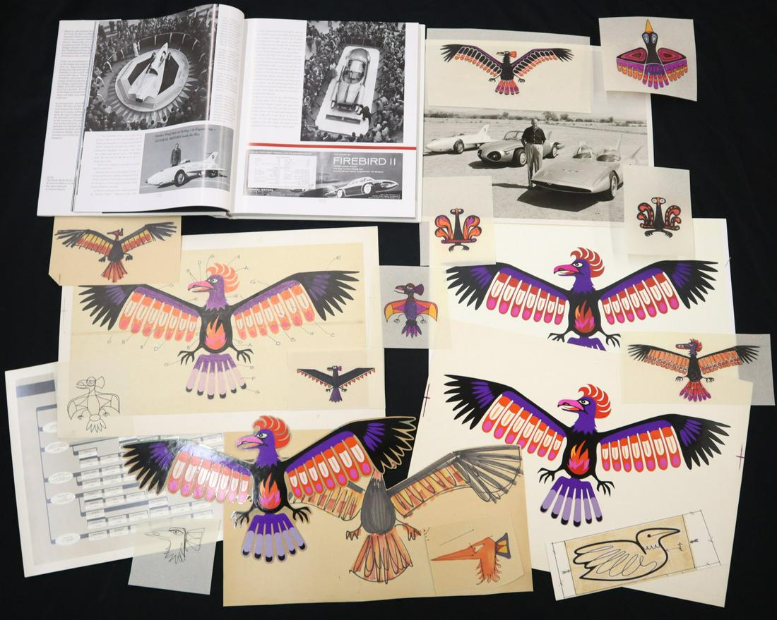 Firebird III Logo Archive: Firebird III Logo Archive from the Estate of GM Designer Carl Benkert. Logos drawn by Norman James, under the direction of Harley Earl. Includes a progression of drawings(18 pcs up to 16 x 8 1/2" high