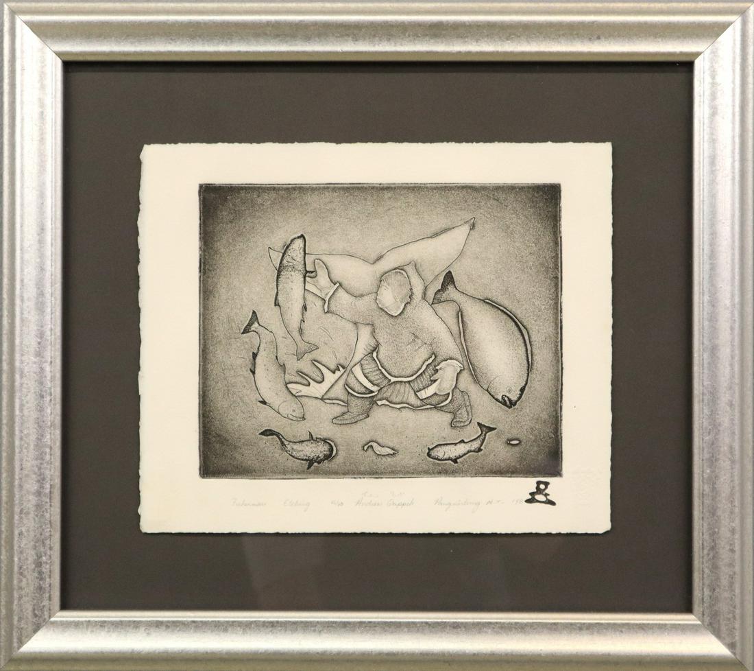 Andrew Qappik Etching: Andrew Qappik, Canadian/Inuit, b. 1964. Etching on paper depicting a fisherman, with "Fisherman Etching 43/60 Andrew Qappik Pangninting N.T. '98" in pencil along the lower margin. Some rippling. Plate