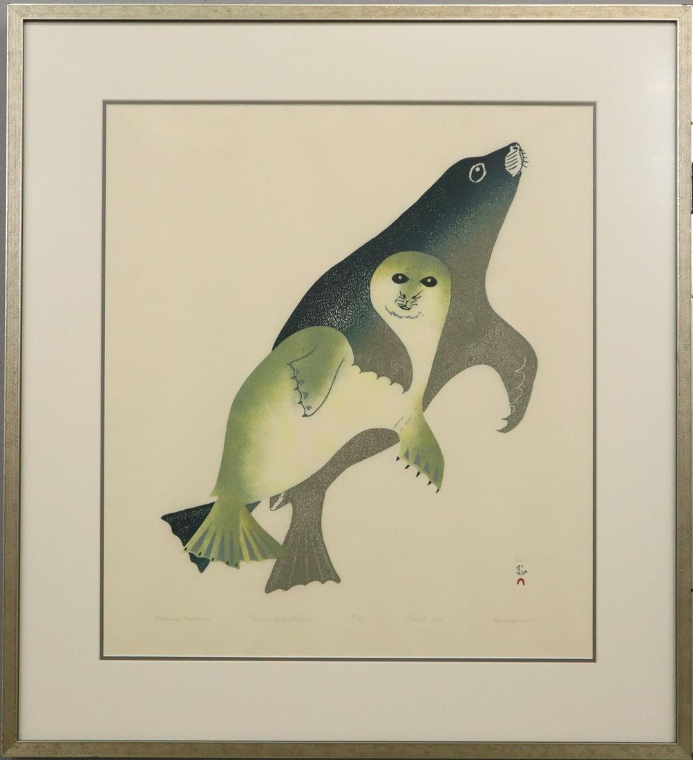 Matthew Elmore Stonecut & Stencil: Matthew Elmore, Inuit, 21st Century. Stonecut and stencil on paper depicting a mother seal and her pup, entitled "Mother's Embrace". "Mother's Embrace Stonecut & Stencil 39/50 Dorset 2005 Kananginak" 