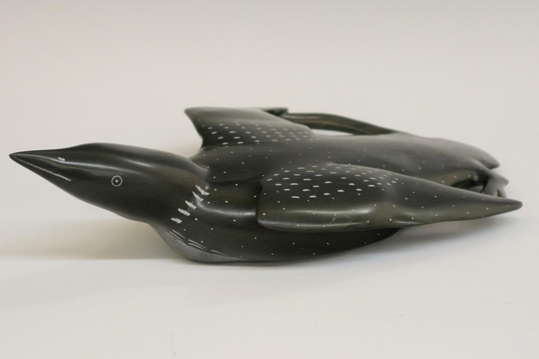 Jimmy Iqaluq Sculpture: Jimmy Iqaluq, Canadian/Inuit (Sanikluang), b. 1947. Carved and highly polished stone sculpture of a Loon, signed and dated "'96" at the underside along with "Canada Eskimo Art" label. Two small nicks/