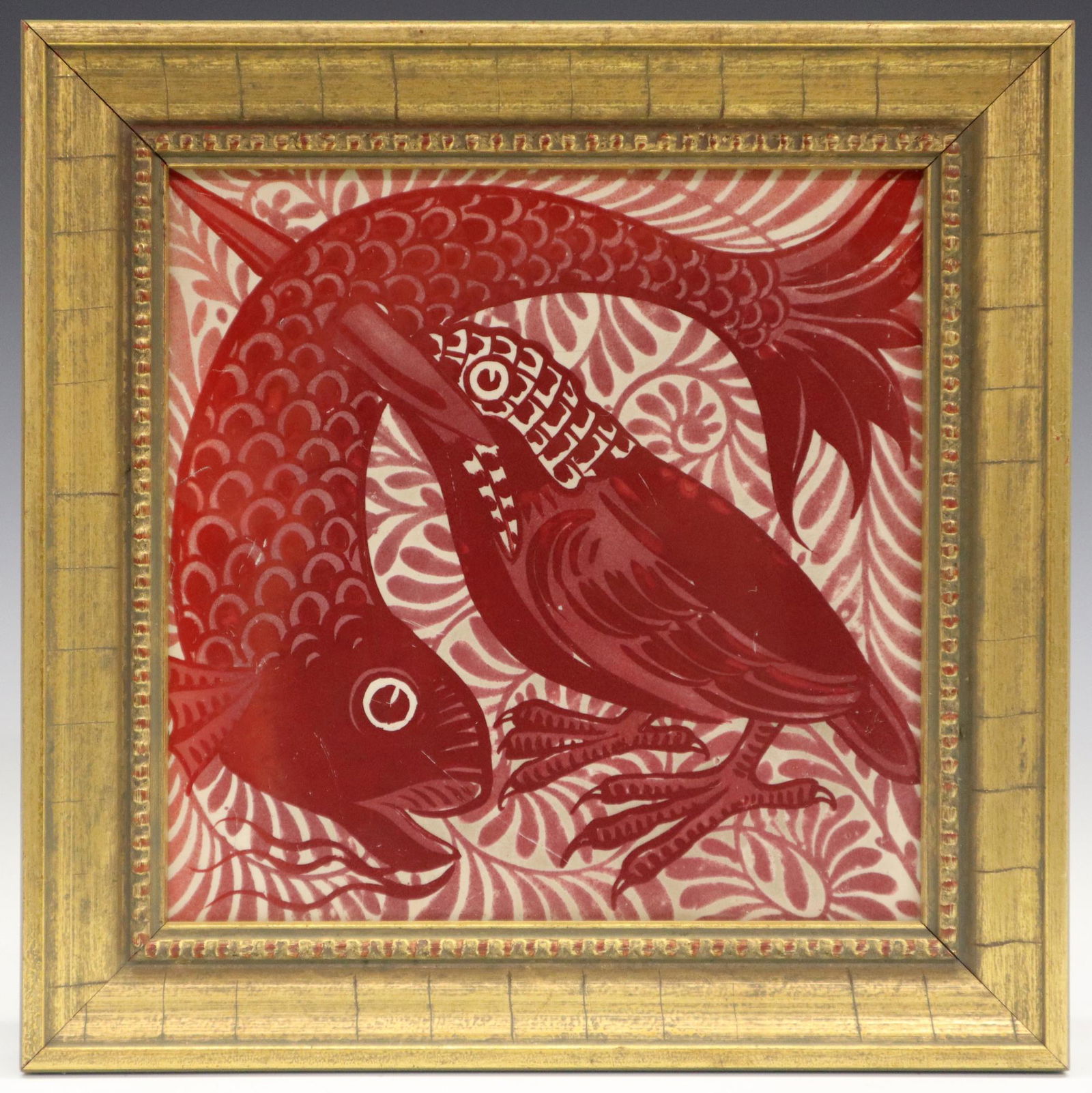 W. De Morgan Tile: A Late 19th Century William De Morgan Ruby Lustre Pottery Tile. Square tile of "Hunting Kingfisher", depicting a bird with a fish in its beak painted on a scrolling background. No apparent markings. C