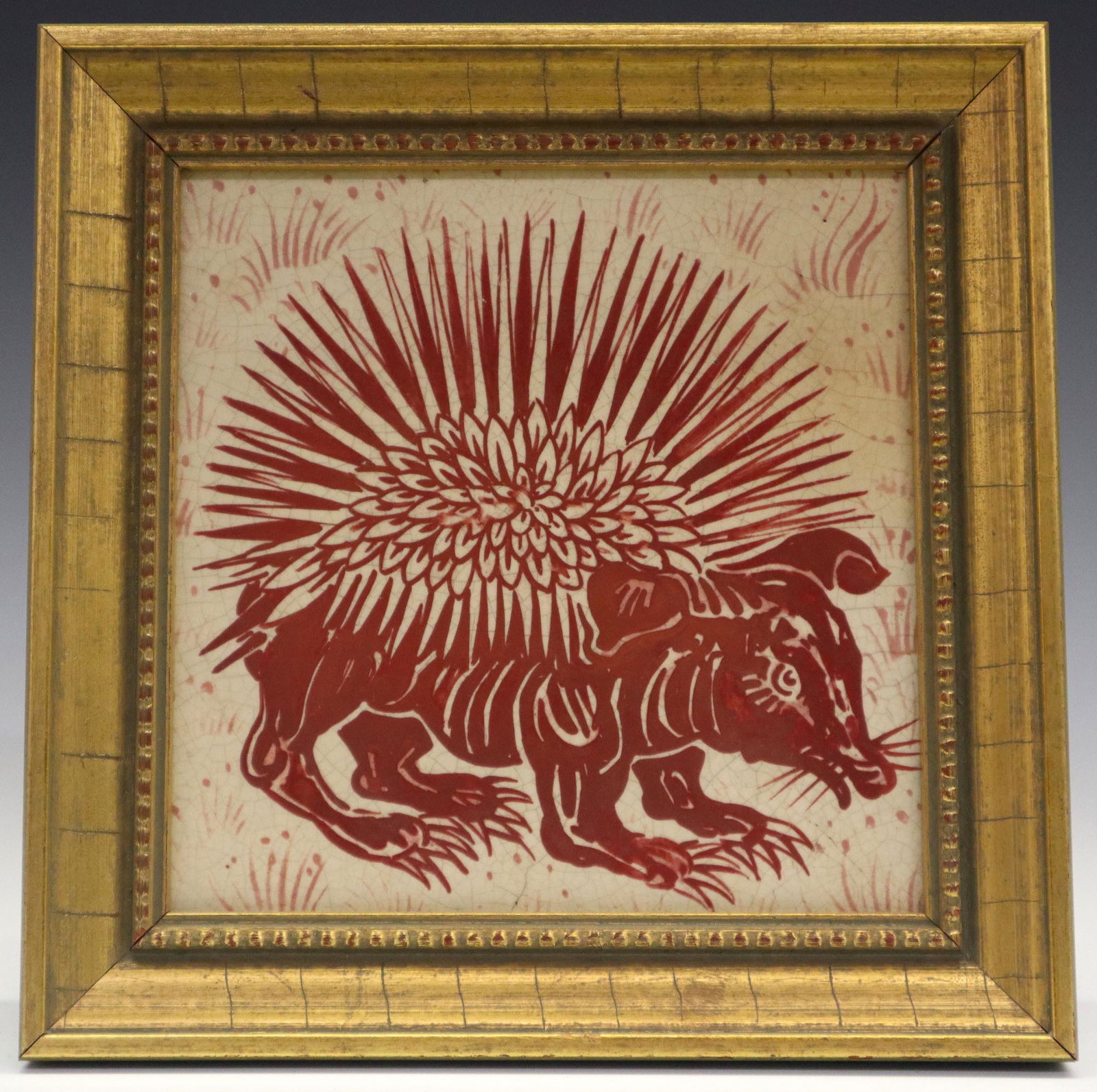 W. De Morgan Tile: A Late 19th Century William De Morgan Ruby Lustre Pottery Tile. Square tile with a hedgehog painted on a stylized foliate background. No apparent markings. Crazing, some light wear to the glaze. 6" sq