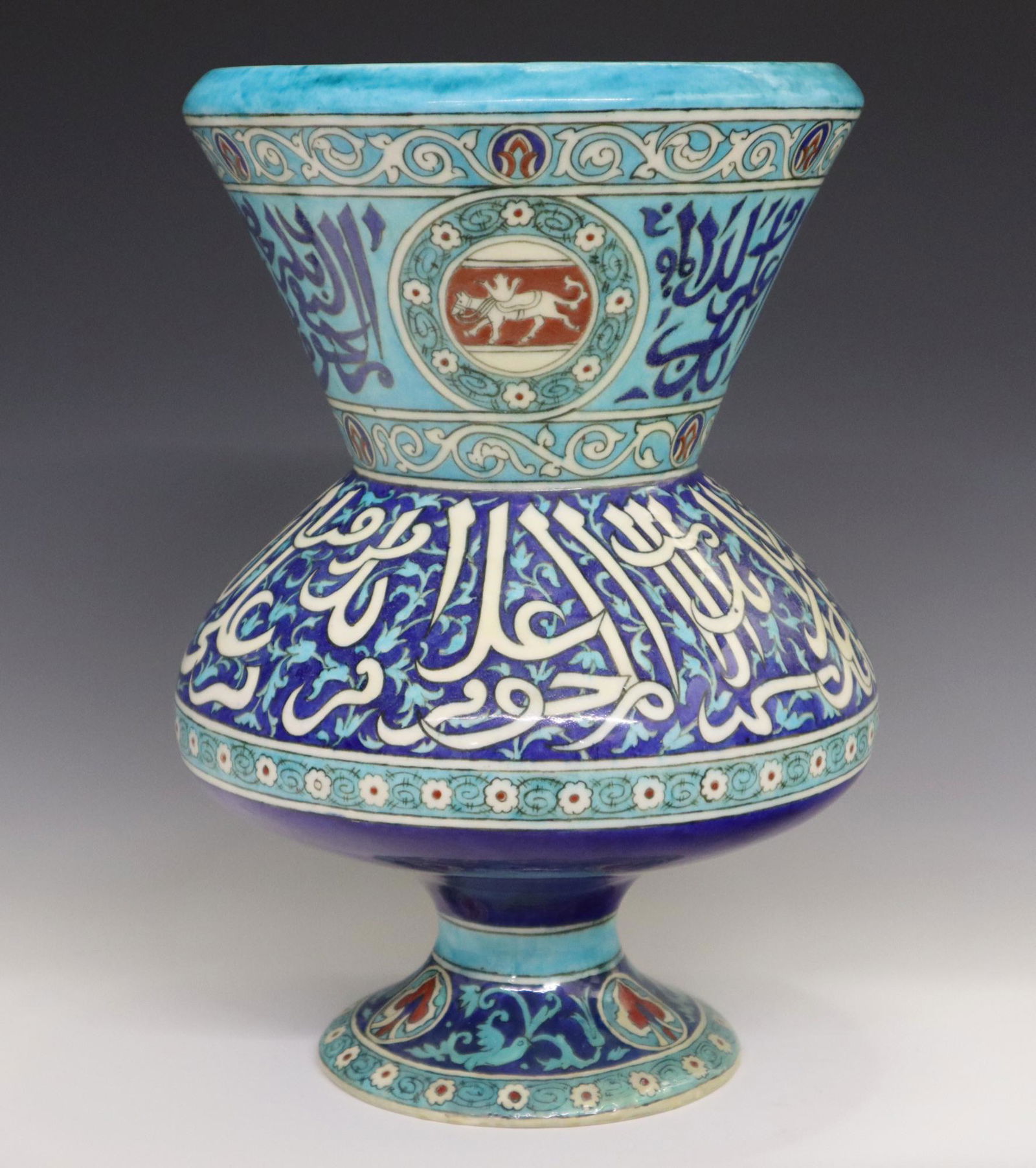 Th. Deck Mamluk Mosque Lamp Vase: A Late 19th Century Theodore Deck Glazed Earthenware Vase. Impressive vessel done in the style of a Mamluk Mosque Lamp is decorated primarily in turquoise and Persian blue with red and white accents c