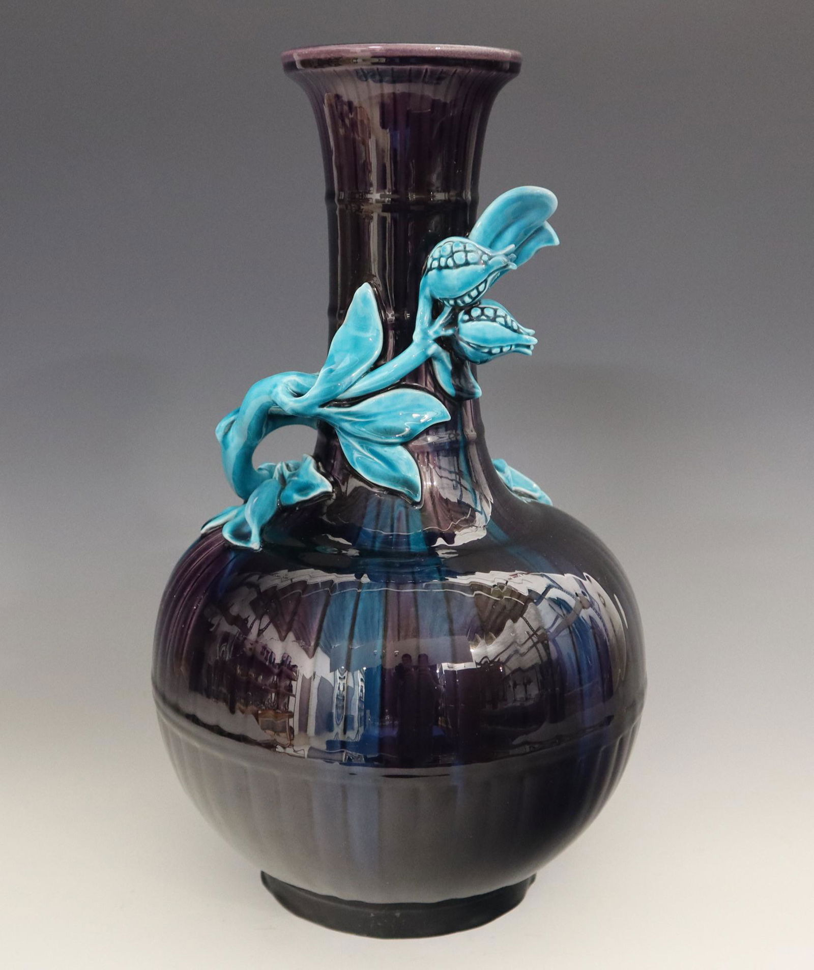 Th. Deck Vase: A Mid 19th Century Theodore Deck Glazed Earthenware Vase. Baluster form Chinoiserie vase with exquisite eggplant purple and turquoise glaze with applied blossoming pomegranate and branch motif. Marked