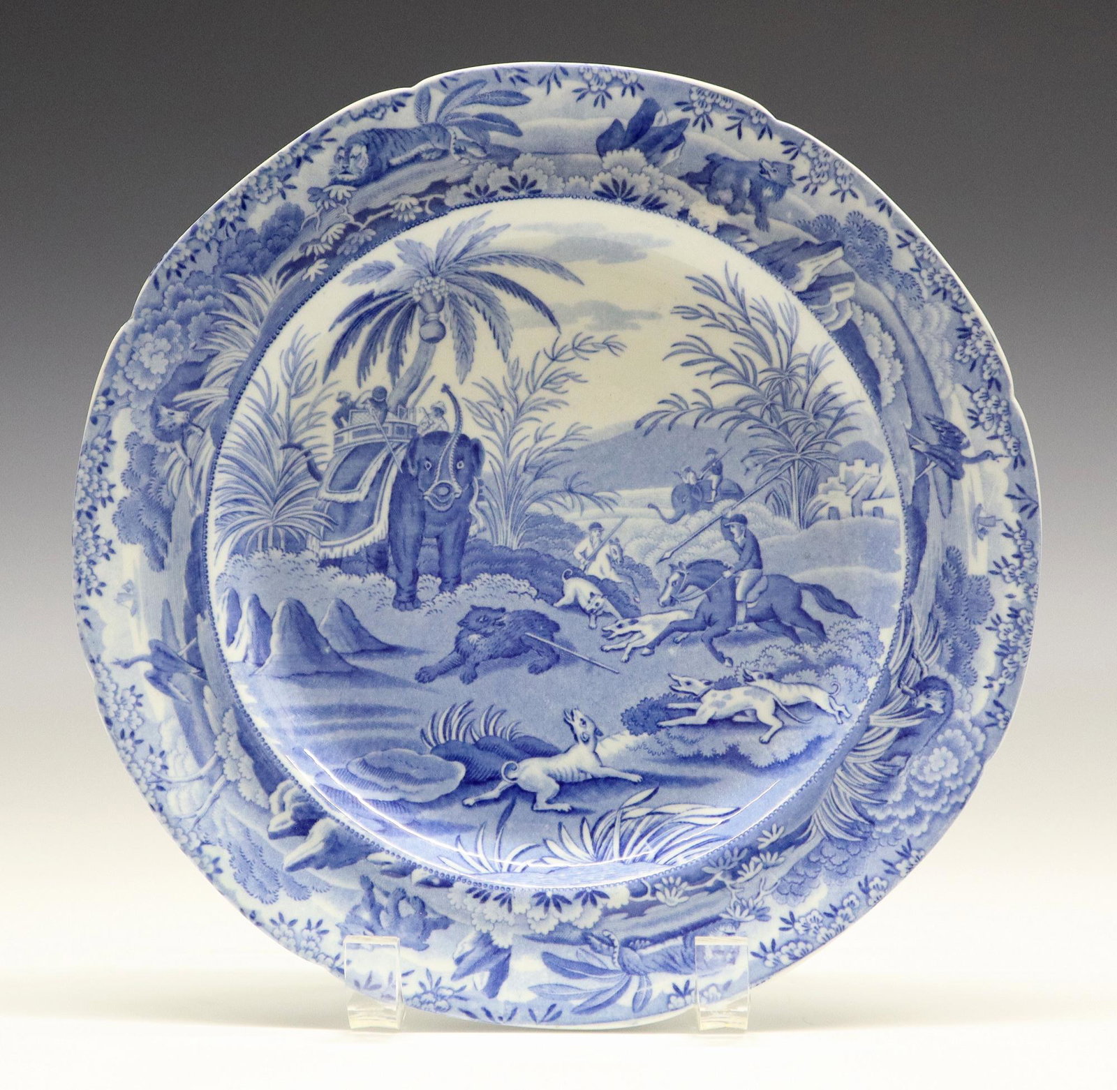Spode Indian Sporting Series Platter: A 19th Century Spode "Indian Sporting Series" Plate. Round blue and white transferware plate with scene entitled "Death of the Bear" at the well, which is within a border decorated with various exotic