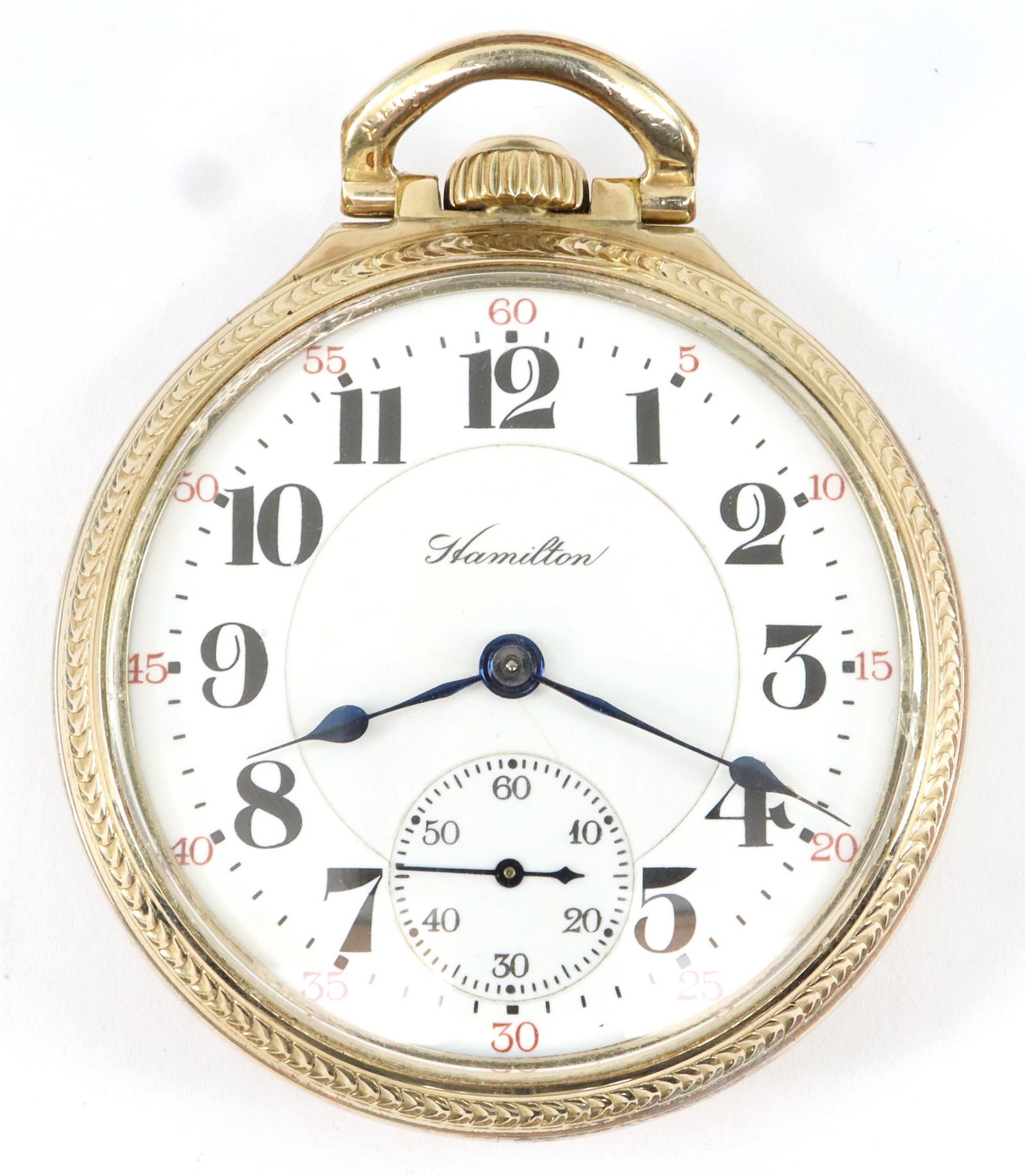 Hamilton 992 Railroad Watch: A Hamilton 992 model railroad watch. 16 size, 21j, Adj temp & 6 pos, GJS, DR, DMK, SW, LS, serial #1734502. DSD w/Arabic numerals. Hamilton 10k, GF, OF case. Case wear, deep scratch in rear cover. Win