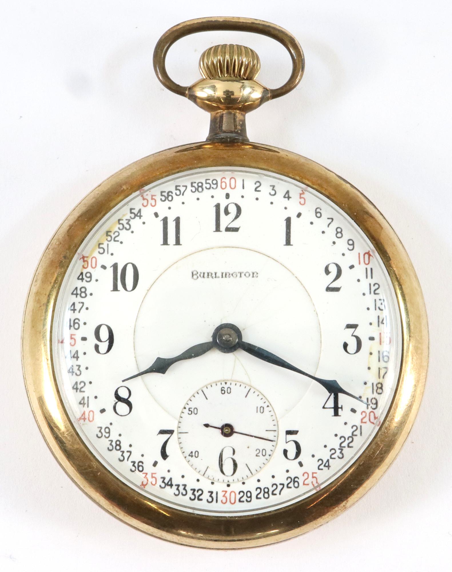 Illinois/Burlington Watch: An Illinois/Burlington pocket watch. 16 size, 21j, Adj temp & pos, DR, SW, PS, serial #3281330. DSD "Montgomery" w/Arabic numerals. Burlington 25yr, GF, OF case with Inlaid enamel monogram and engrave