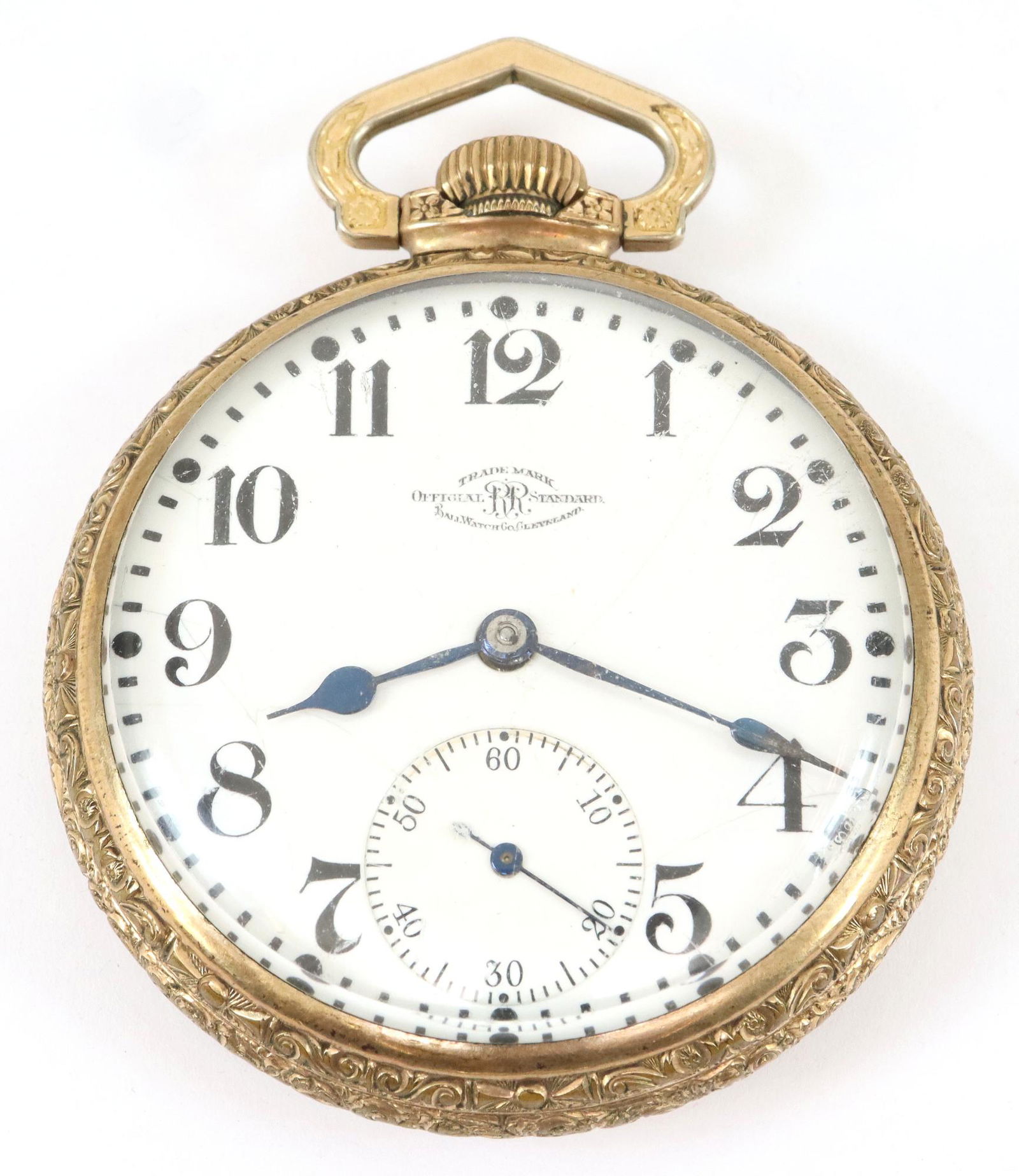 Ball Railroad Watch: A Ball/Hamilton Official Railroad Standard pocket watch. 16 size, 19j, Adj 5 pos, GJS, DMK, SW, LS, serial #B235793. SSD w/Arabic numerals. LWC CO "Supreme" fancy GF, OF case. Hairlines in dial, some