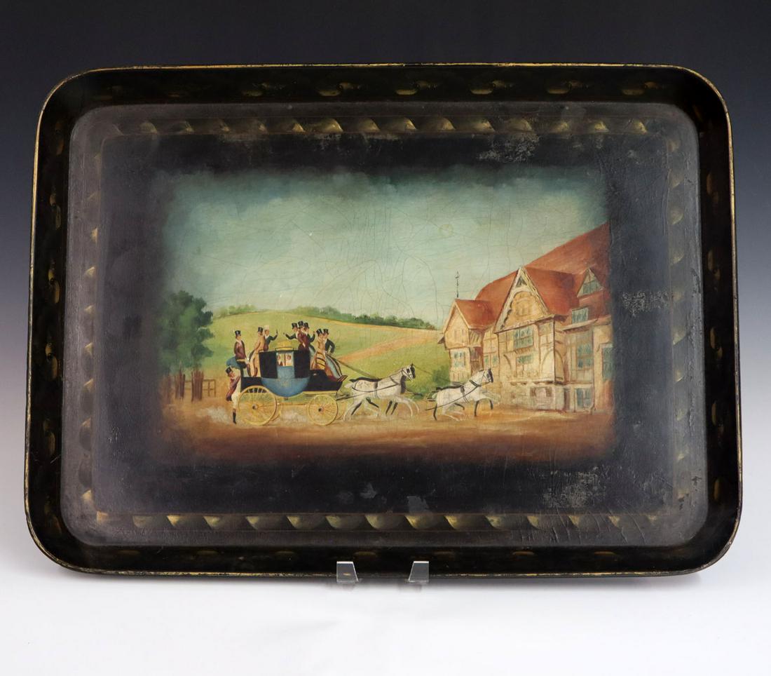 English Paper Mache Tray: An 19th century English paper mache hand painted tray, depicting a coach pulling up to a manor house. Some craquelure overall, minor finish loss to right side, minor scratches and small chips to rim.