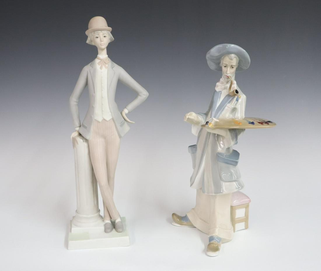 2 Lladro Figures: Two late 20th century Lladro figures, one depicting an artist with pallet and the other a gentleman in a bowler hat leaning against a column. Both with impressed marks. Minor wear to each figure. Up t