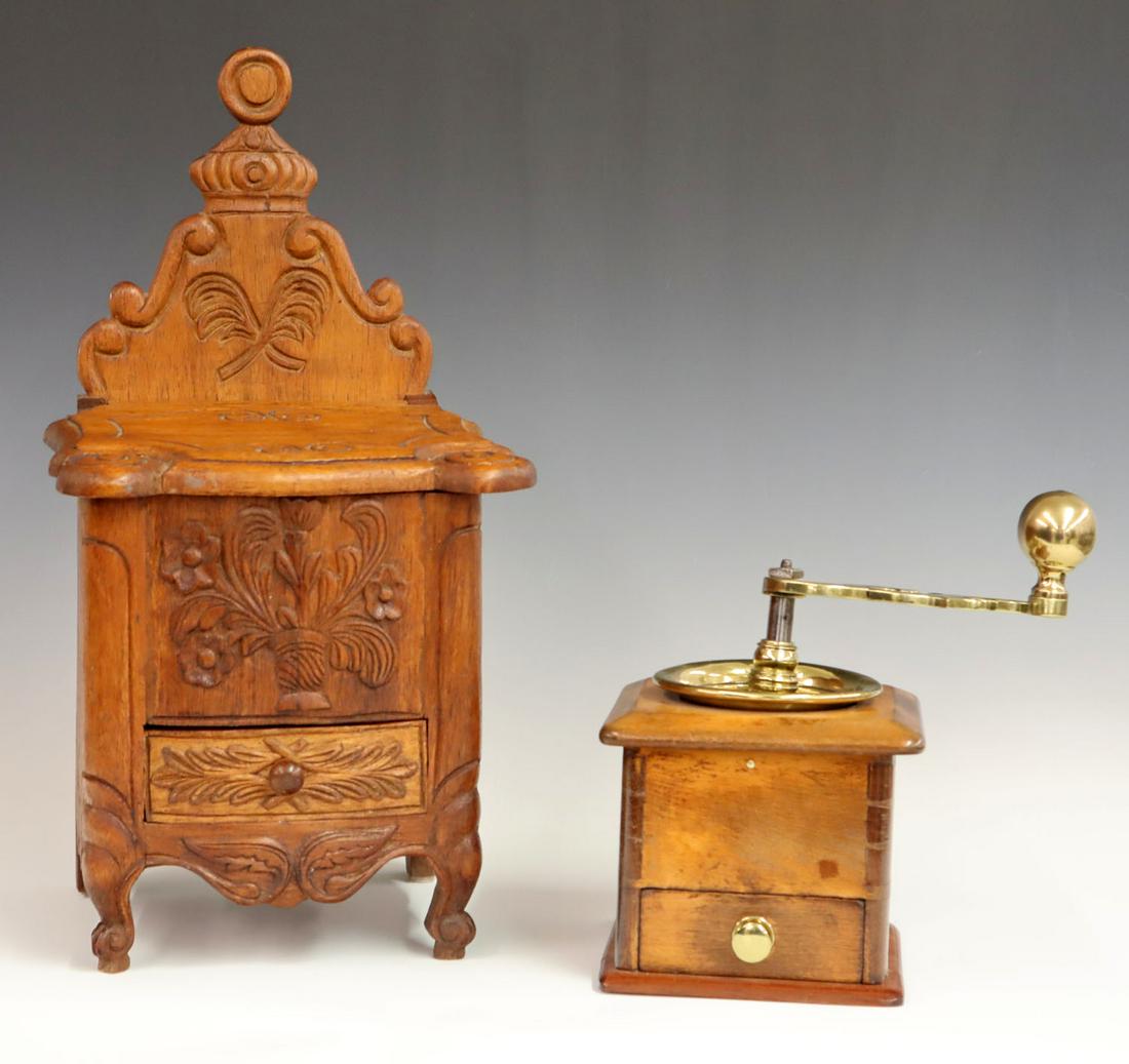 Salt Box & Coffee Grinder: Two early 20th century kitchen items, a carved French Walnut salt box and a Coffee Grinder with brass handle and top. Minor wear to both and a small split to the back leg of the salt box. Up to 17 1/2