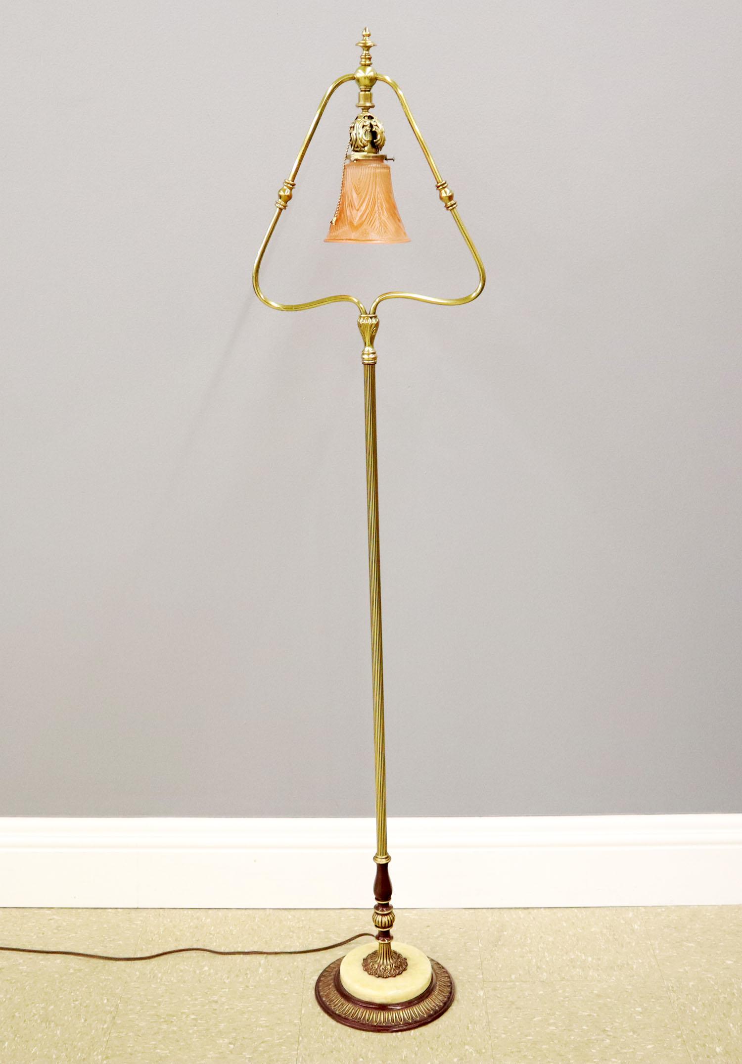 Brass & Marble Harp Floor Lamp: A 20th century brass and marble harp floor lamp with pressed glass shade. Metal polished and repainted, some tarnish to brass surface. 61" high. ESTIMATE $100-200