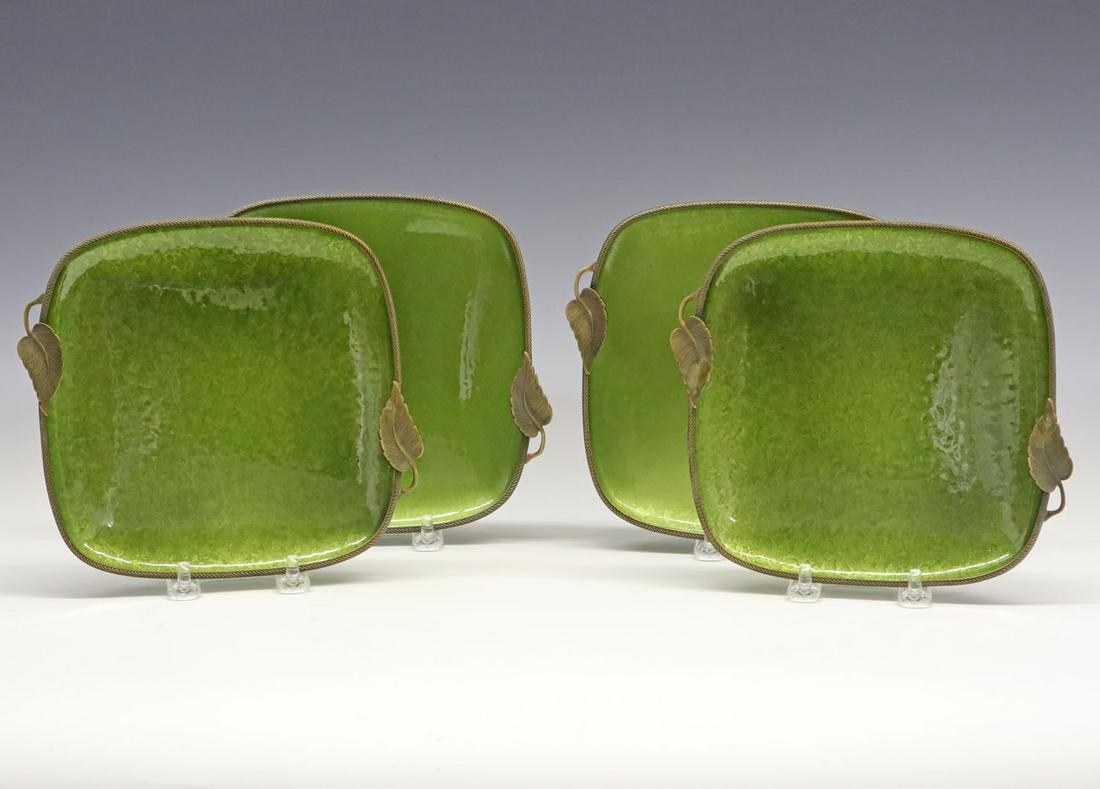 4 Evans Enamel & Bronze Dishes: Four mid 20th century Evans enameled square dishes in Bronze frames with leaf handles. Minor wear to enameling and bronze patina. 6 1/2" square. ESTIMATE $50-100