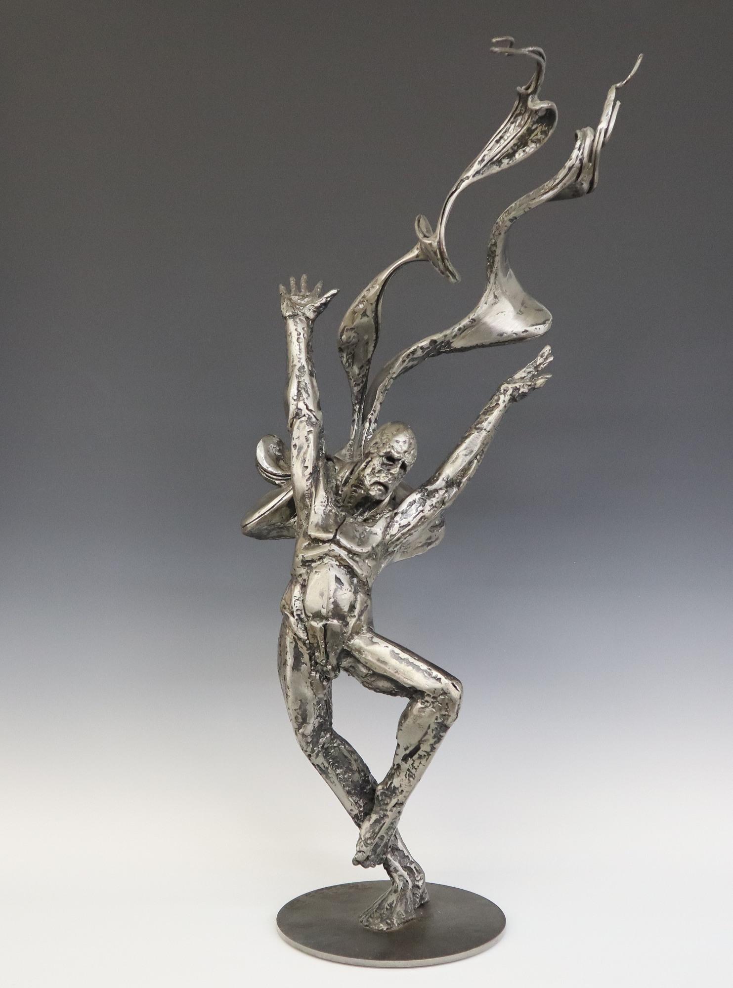 T Gall Sculpture: Theodore T. "Ted" Gall, American, born 1941. Steel sculpture of a dancing man in a cape with his hands held aloft. Applied signature and date on base "T. Gall, 80". Slight wear. 35 1/2" high. ESTIMATE