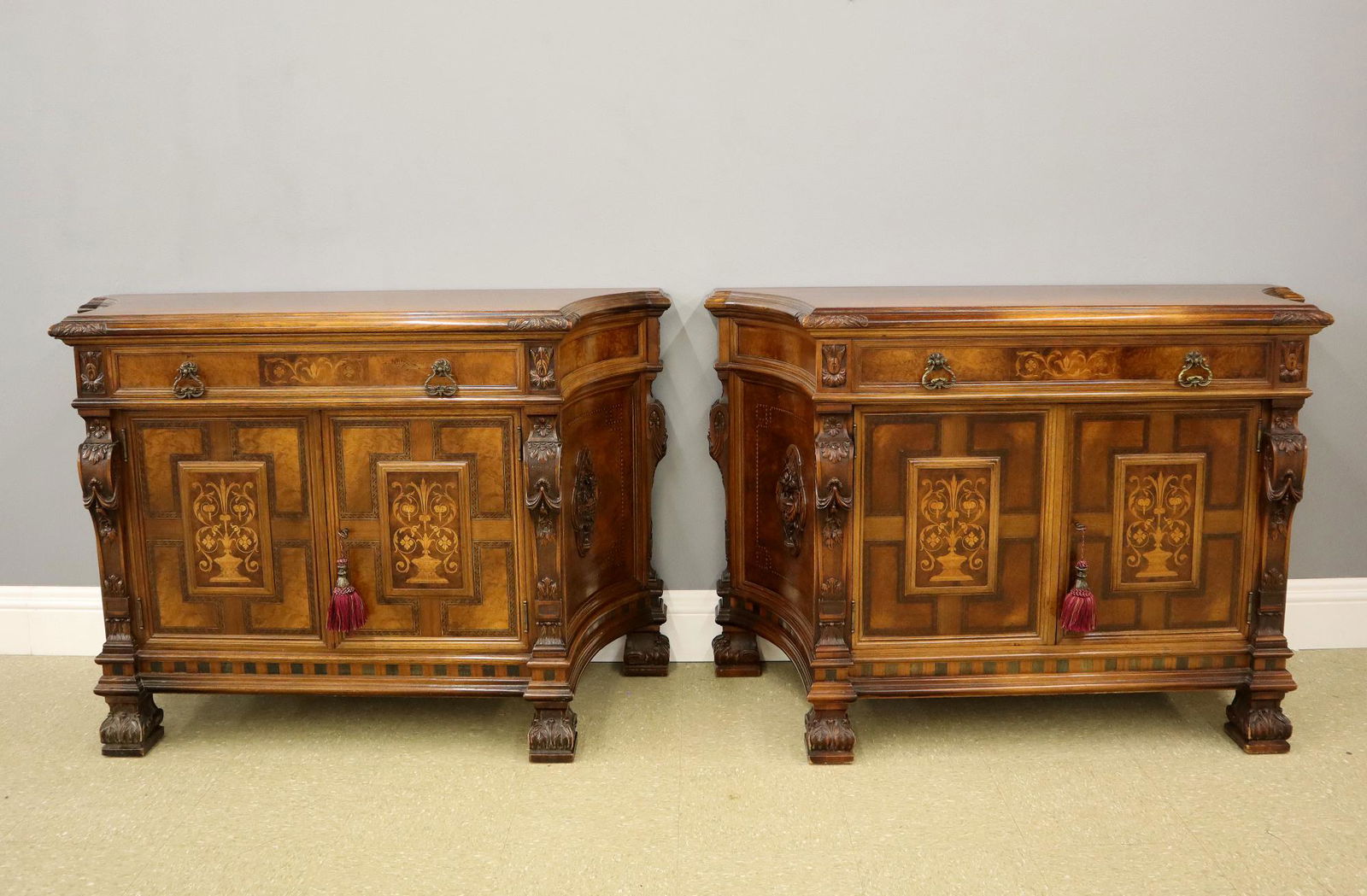 Pr Robt Irwin Consoles: A good pair 1930's Period Robert Irwin Furniture Co. "Royal" line consoles in the Italian Renaissance Revival style. Select Grade Black Walnut construction with burl panels and exotic wood inlays, ext