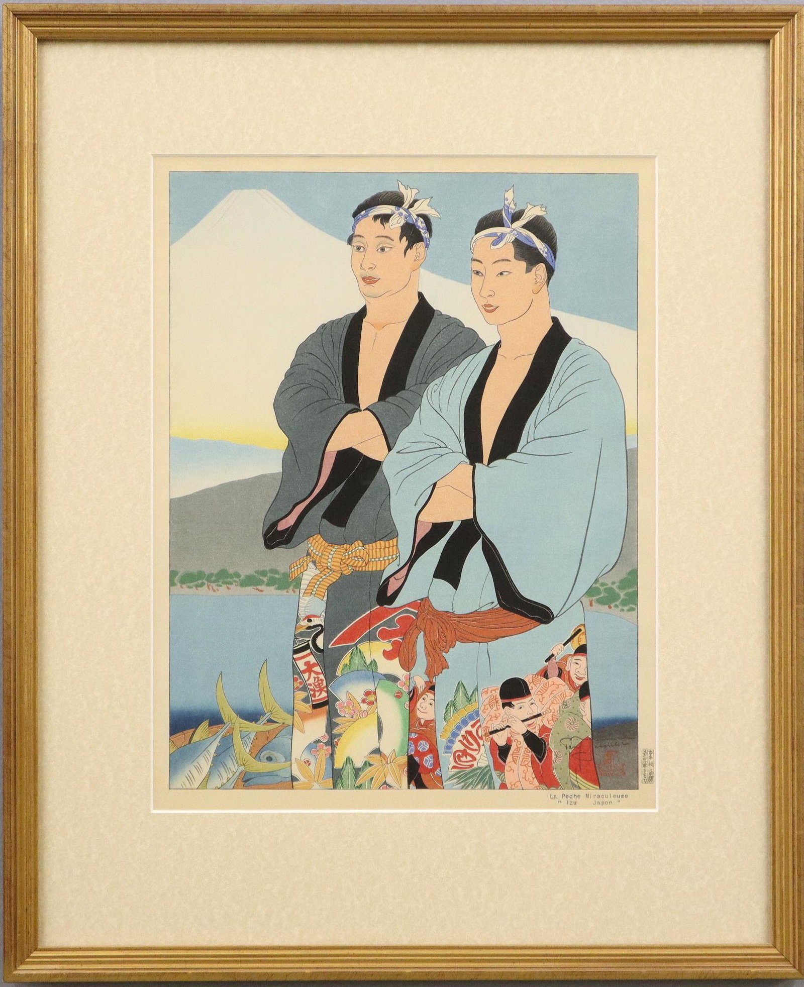 Paul Jacoulet Woodblock: Paul Jacoulet, French, 1902-1960. Woodblock in colors entitled "La Peche Miraculeuse. Izu, Japon" (Miles 62). Pencil signed lower right with "Boat" seal in red. Very slight fading, not examined out of