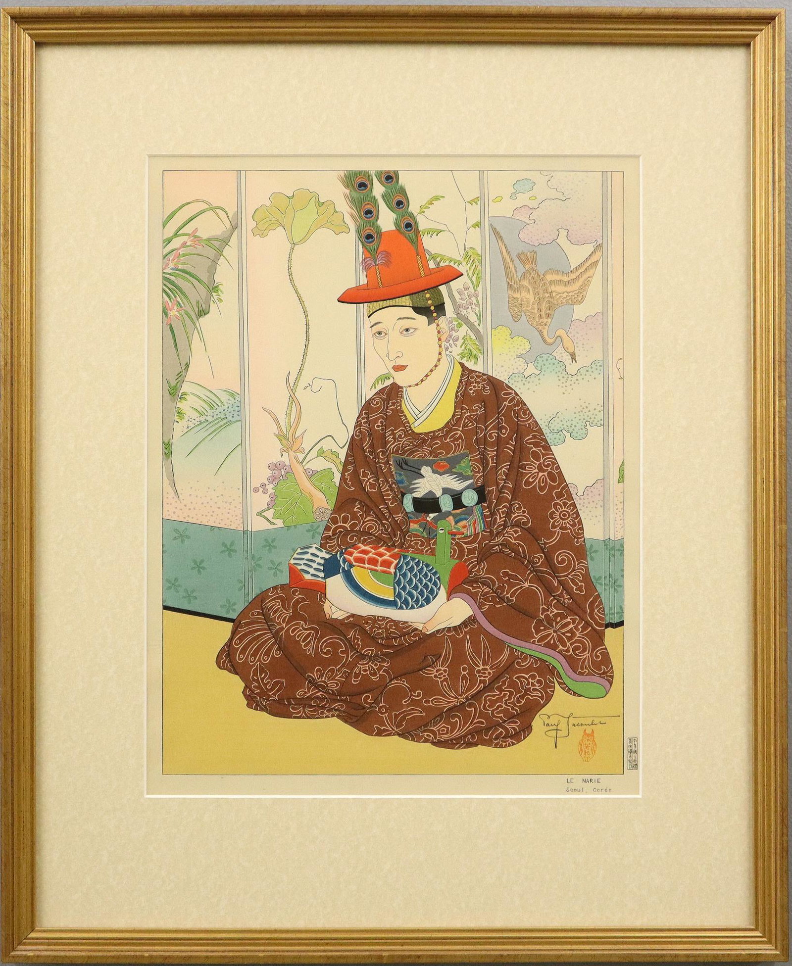 Paul Jacoulet Woodblock: Paul Jacoulet, French, 1902-1960. Woodblock in colors entitled "Le Marie. Seoul, Coree" (Miles 110). Pencil signed lower right with "Owl" seal in red. Some fading, not examined out of the frame. Image
