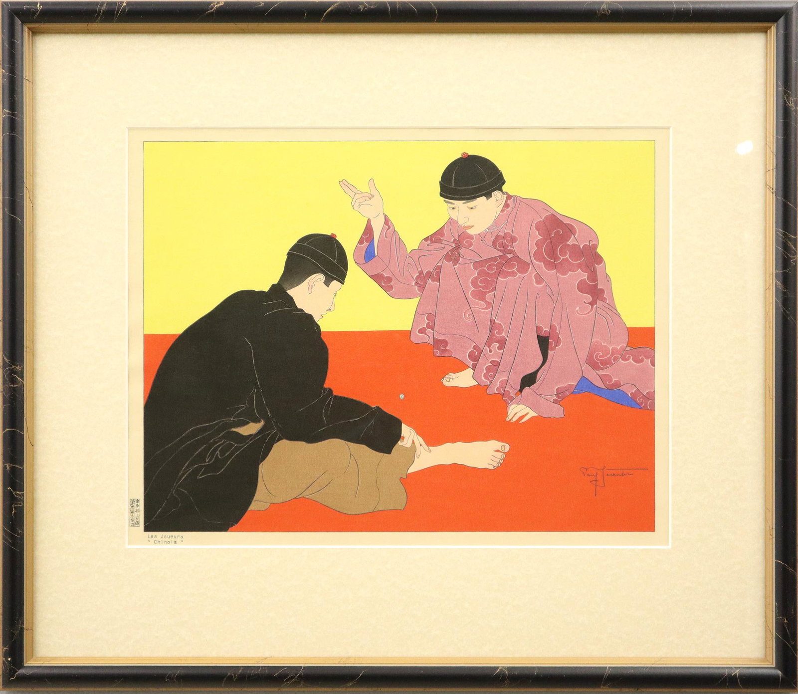 Paul Jacoulet Woodblock: Paul Jacoulet, French, 1902-1960. Woodblock in colors entitled "Les Joueurs. Chinois" (Miles 77). Pencil signed lower right with faint "Sparrow" seal in red. Some fading, toning at mat edges, not exam