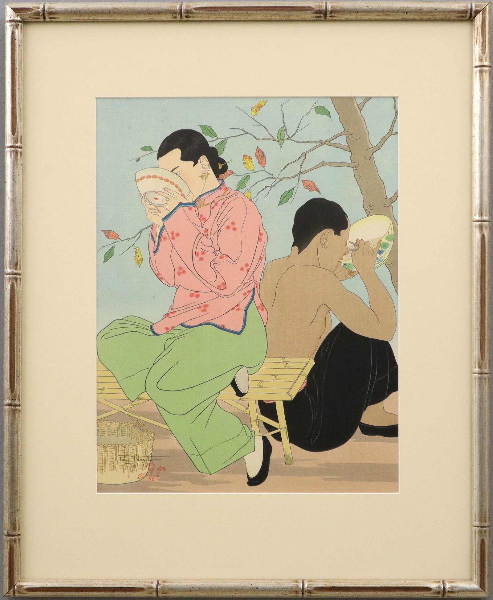 Paul Jacoulet Woodblock: Paul Jacoulet, French, 1902-1960. Woodblock in colors entitled "La Soupe aux Huitres. Chinois" (Miles 93). Pencil signed lower left with "Peach" seal in red. Slight fading, some foxing upper left, not
