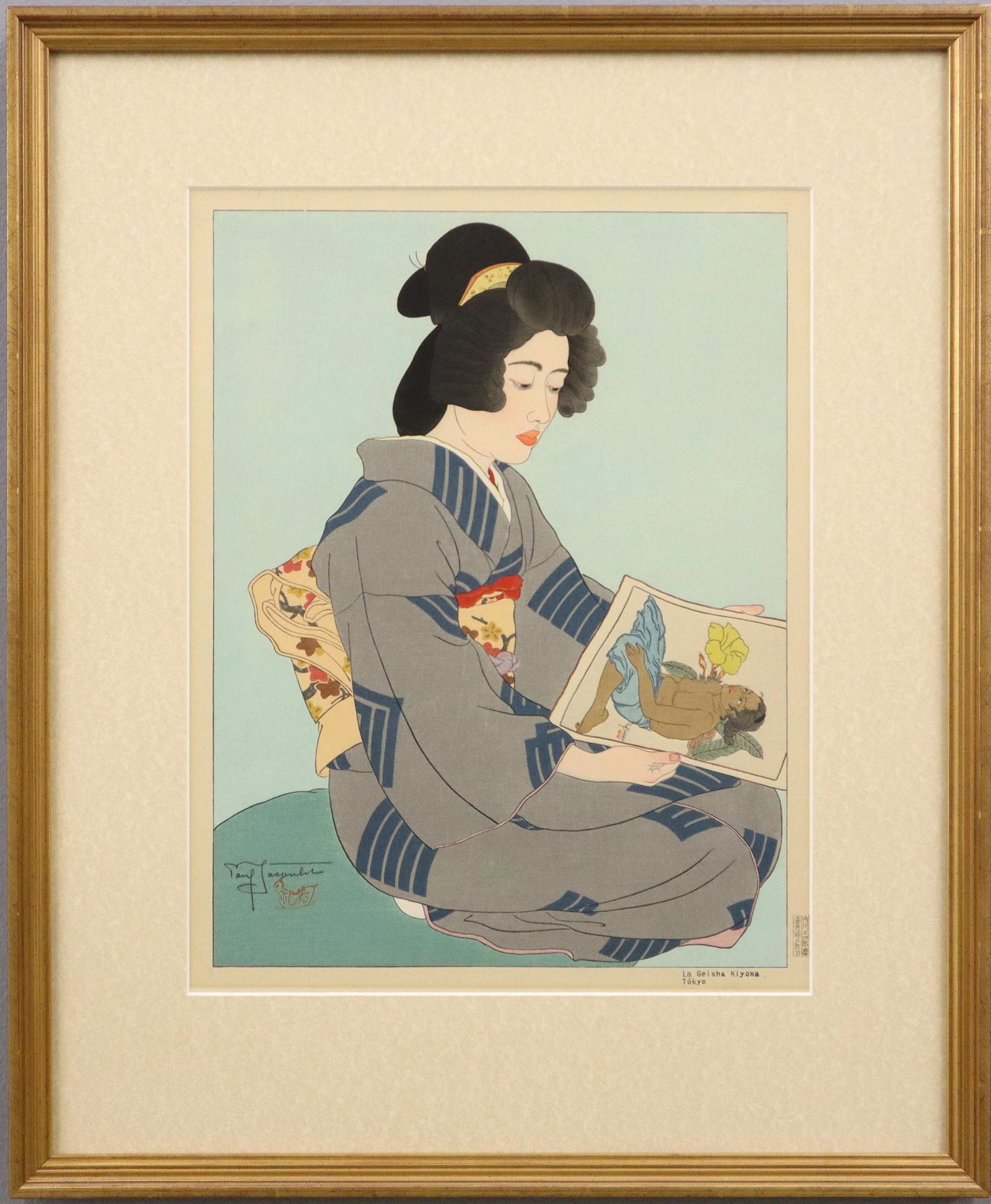 Paul Jacoulet Woodblock: Paul Jacoulet, French, 1902-1960. Woodblock in colors entitled ''Le Geisha Kiyoka. Tokyo'' (Miles 19). Pencil signed lower left with "Mandarin Duck" seal in red. Some fading, toning at mat edges, not 